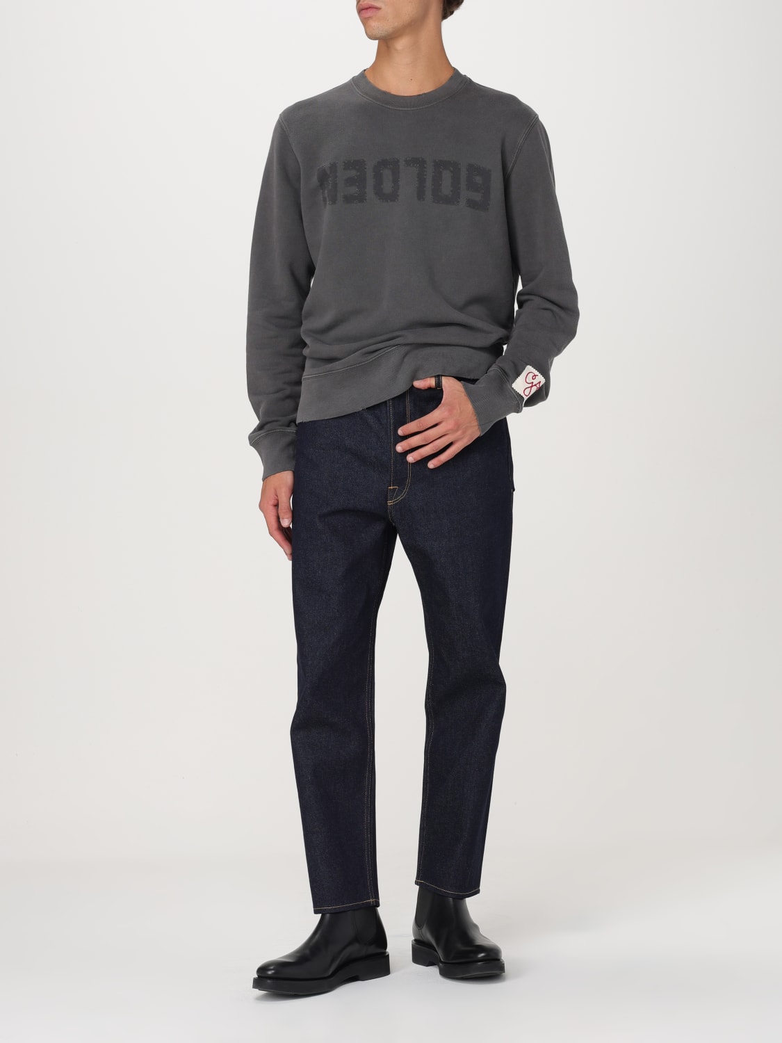 Golden ｜ (GMP01223 P000642 60318) Men's gray sweatshirt with logo and distressed treatment