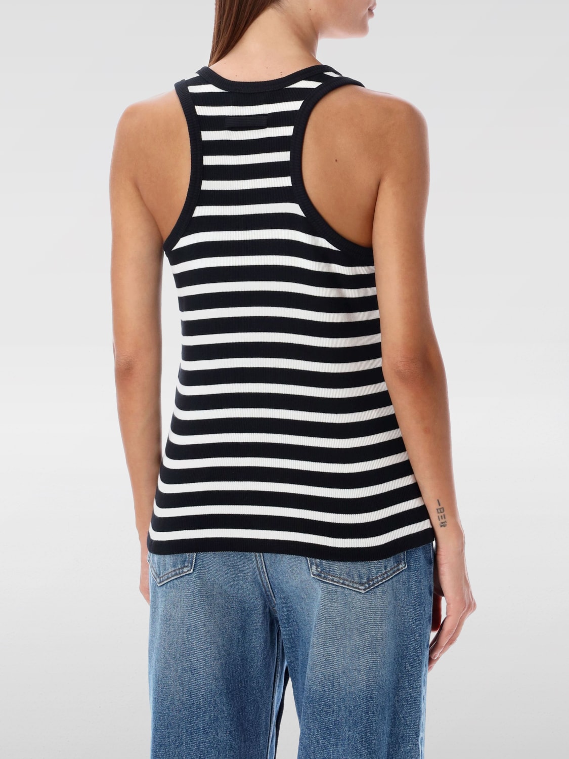 Black 'The Morphing Pinstripes' Bodysuit by Jean Paul