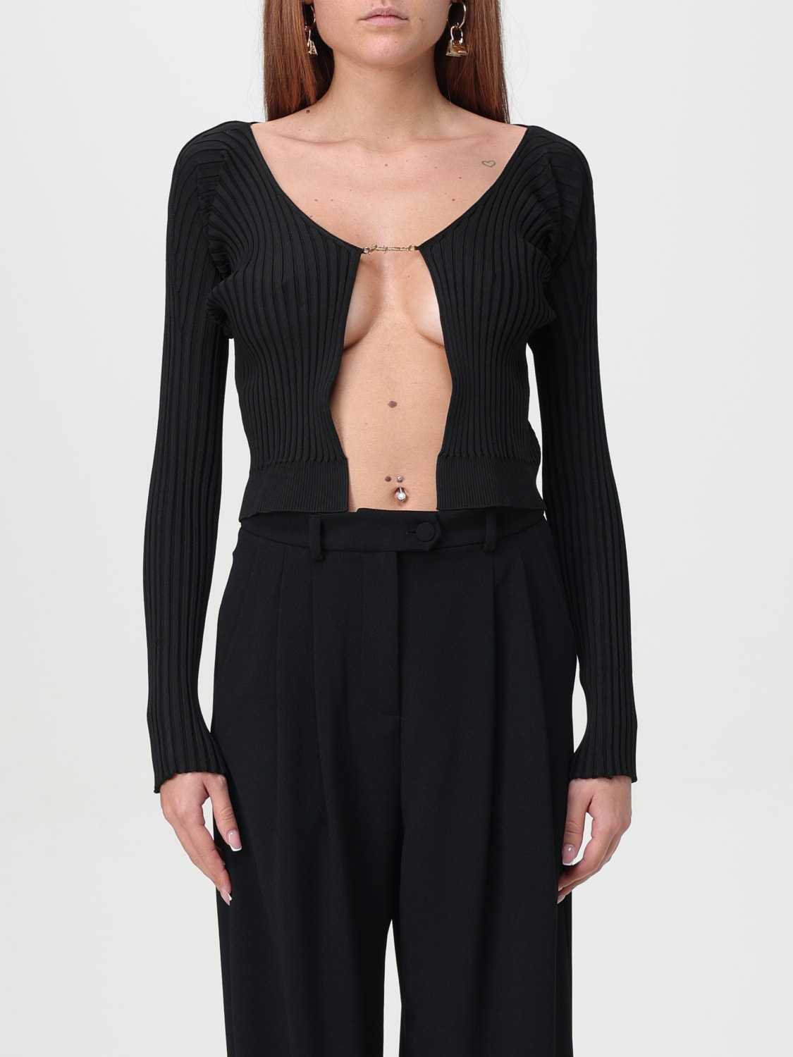 JACQUEMUS CARDIGAN: Jacquemus Pralù ribbed viscose blend cardigan
, Black - Img 1