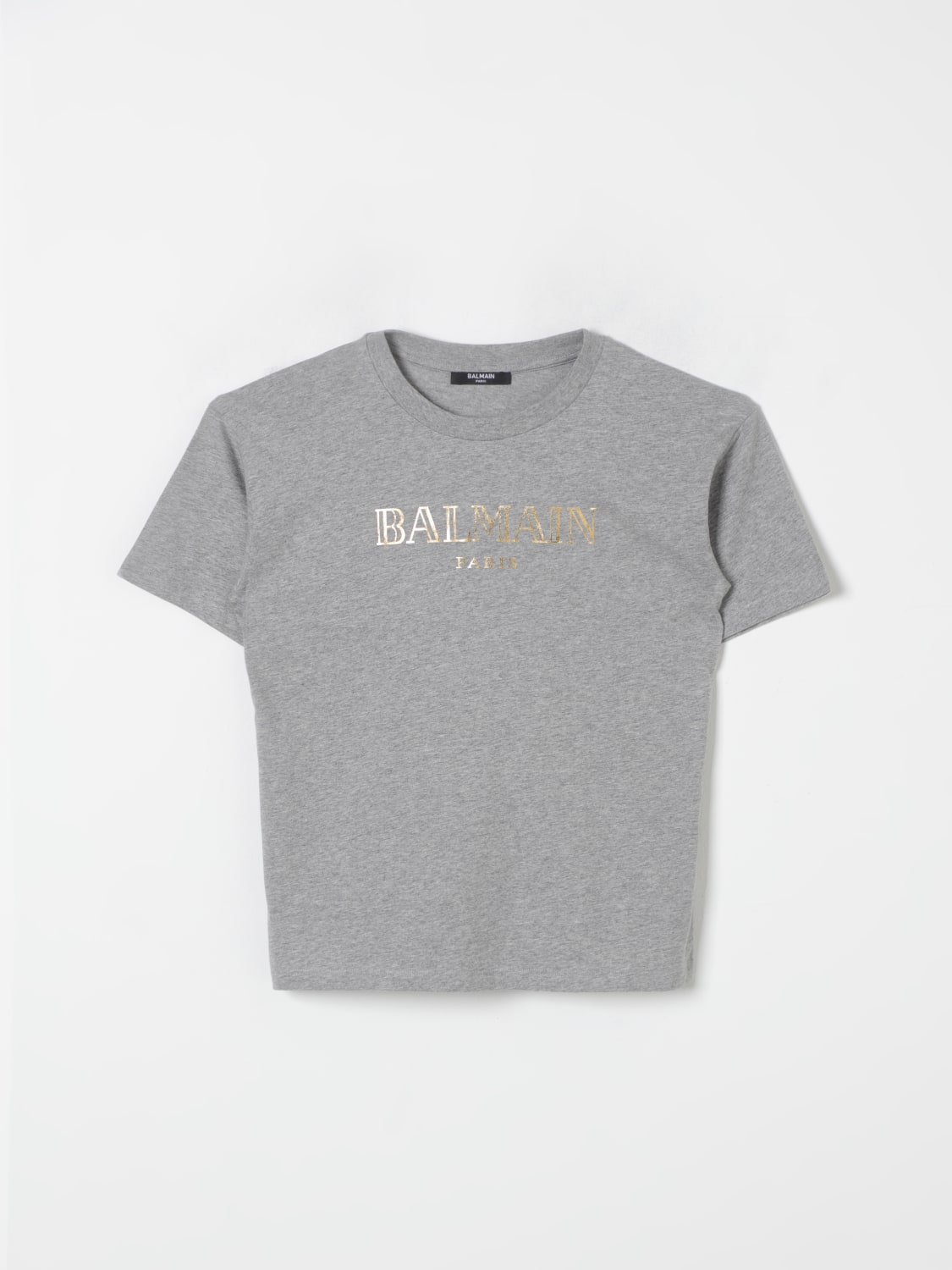 BALMAIN T-SHIRT: T-shirt in cotone Balmain con logo laminato, Grigio - Img 1