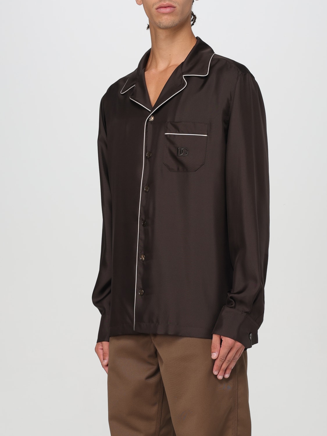 DOLCE & GABBANA CAMICIA: Camicia in seta con logo Dolce & Gabbana, Marrone - Img 3