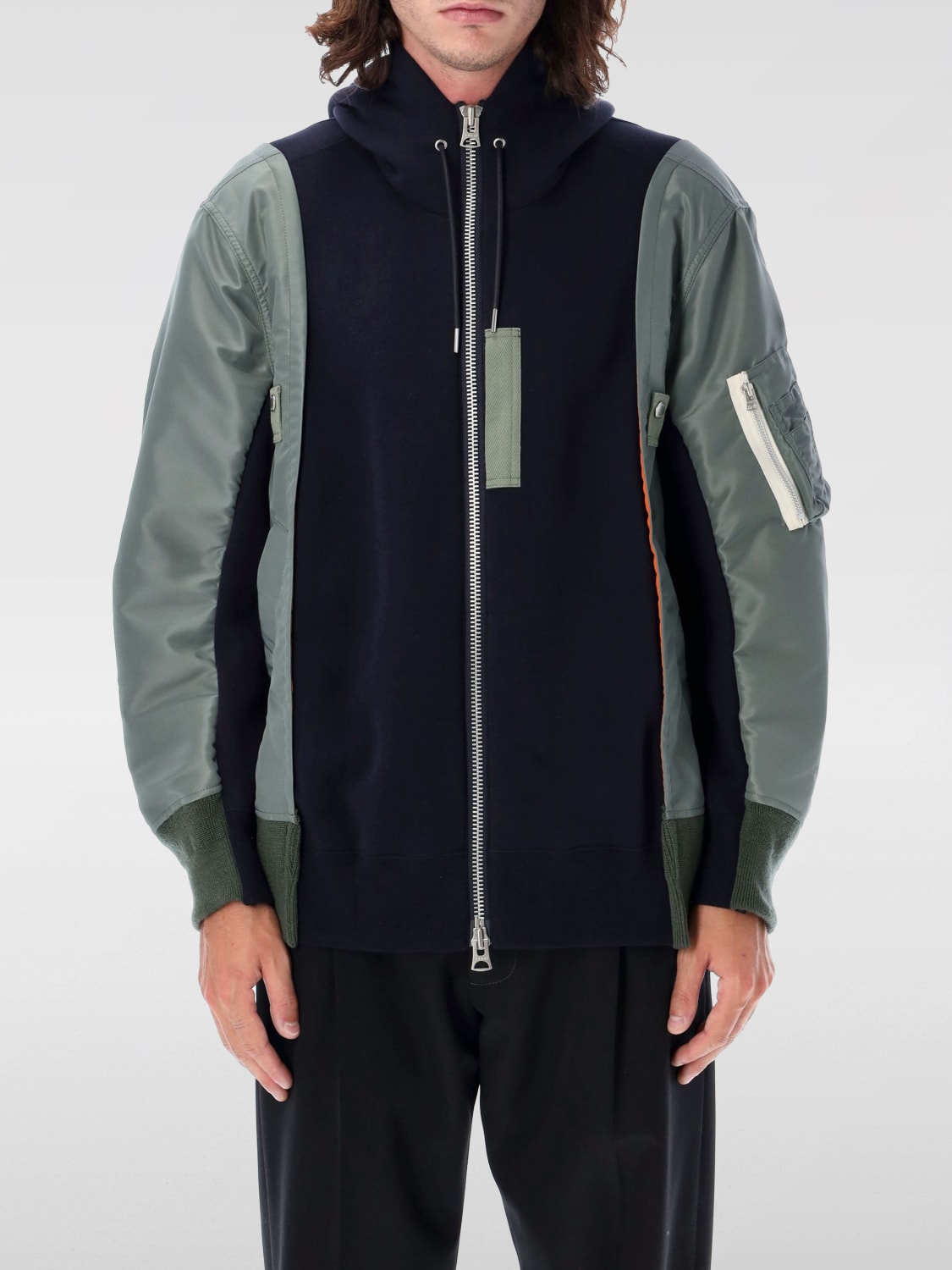 SACAI GIACCA: Giacca con cappuccio in cotone e nylon Sacai, Blue - Img 1