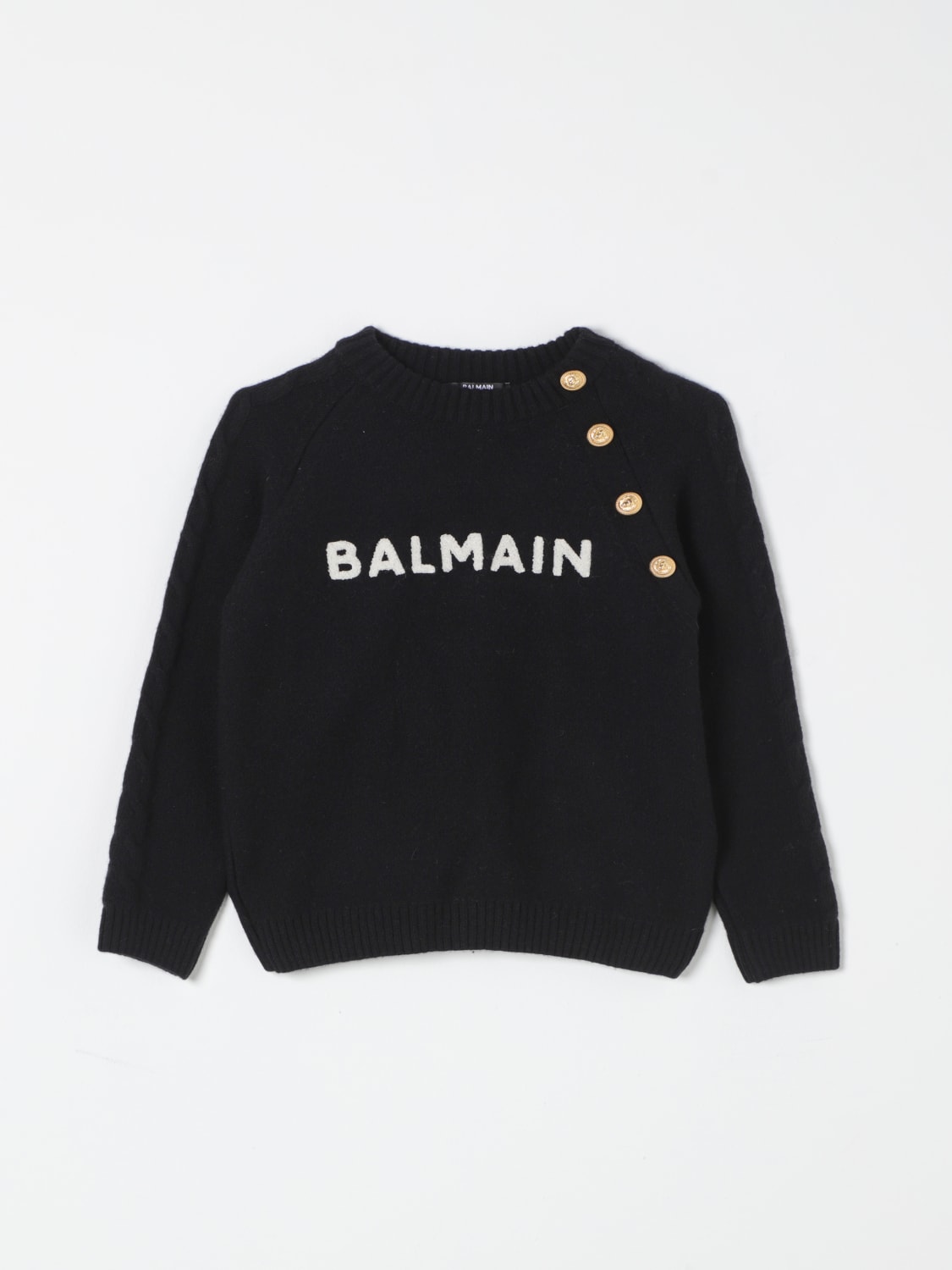 BALMAIN MAGLIA: Maglia a girocollo con maxi logo Balmain, Nero - Img 1