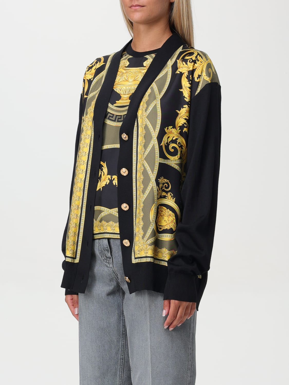 VERSACE CARDIGAN: Cardigan a v Versace a fantasia barocca, Nero - Img 4