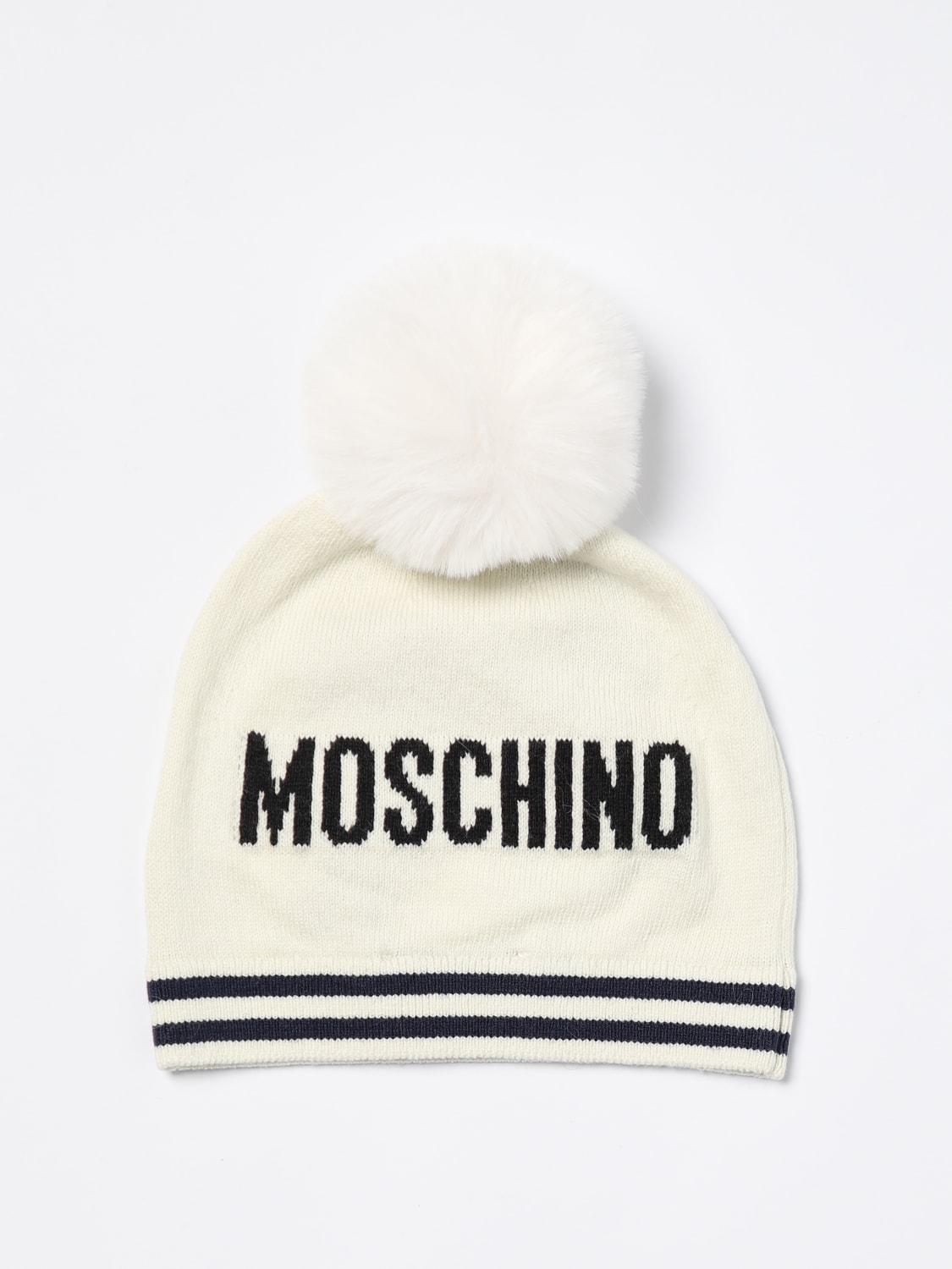 MOSCHINO CAPPELLO NEONATO: Cappello Moschino in misto cotone con logo intarsiato e pompon , Bianco - Img 2