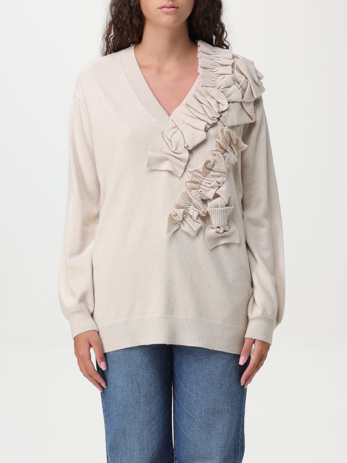 TWINSET MAGLIA: Maglia a v con rouches Twinset, Beige - Img 1