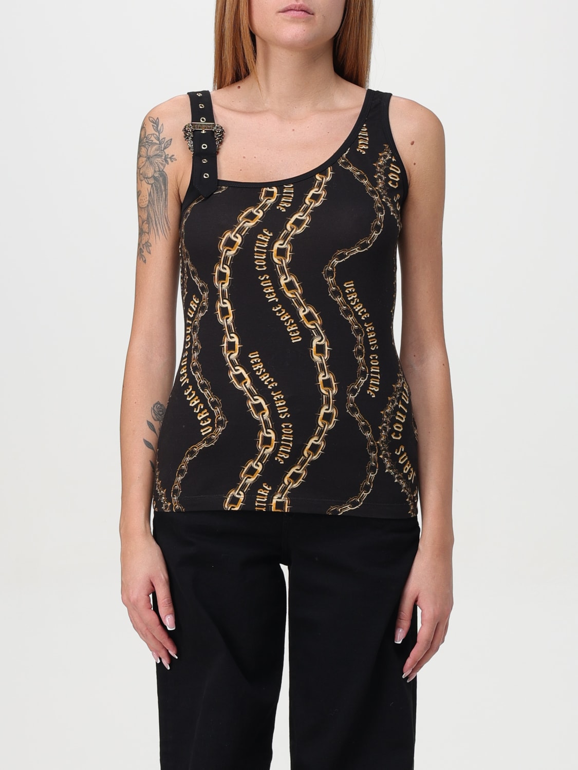 VERSACE JEANS COUTURE TOP E BLUSE: Top con fibbia decorativa Versace Jeans Couture, Nero - Img 1