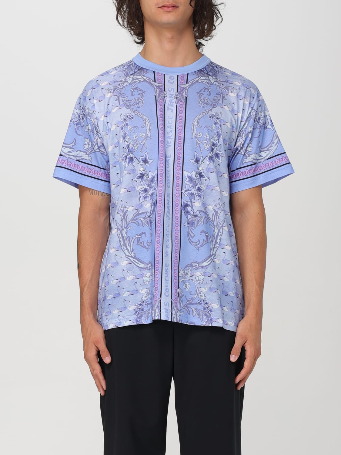 VERSACE JEANS COUTURE T-SHIRT: T-shirt Floral Baroque Versace Jeans Couture in cotone stampato , Blue - Img 1