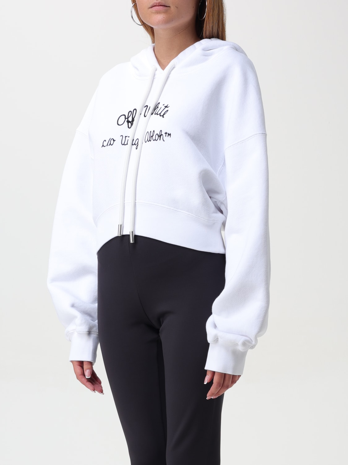 OFF-WHITE FELPA: Felpa con cappuccio crop Off-white, Bianco - Img 4