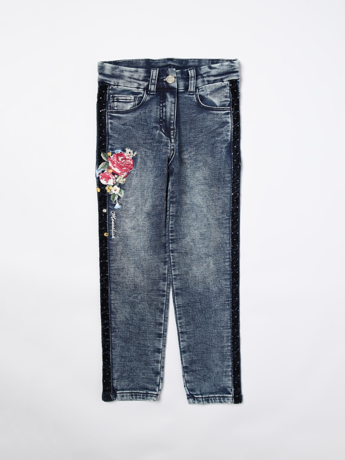 MONNALISA JEANS: Jeans Monnalisa in denim di cotone con ricamo floreale , Blue - Img 1