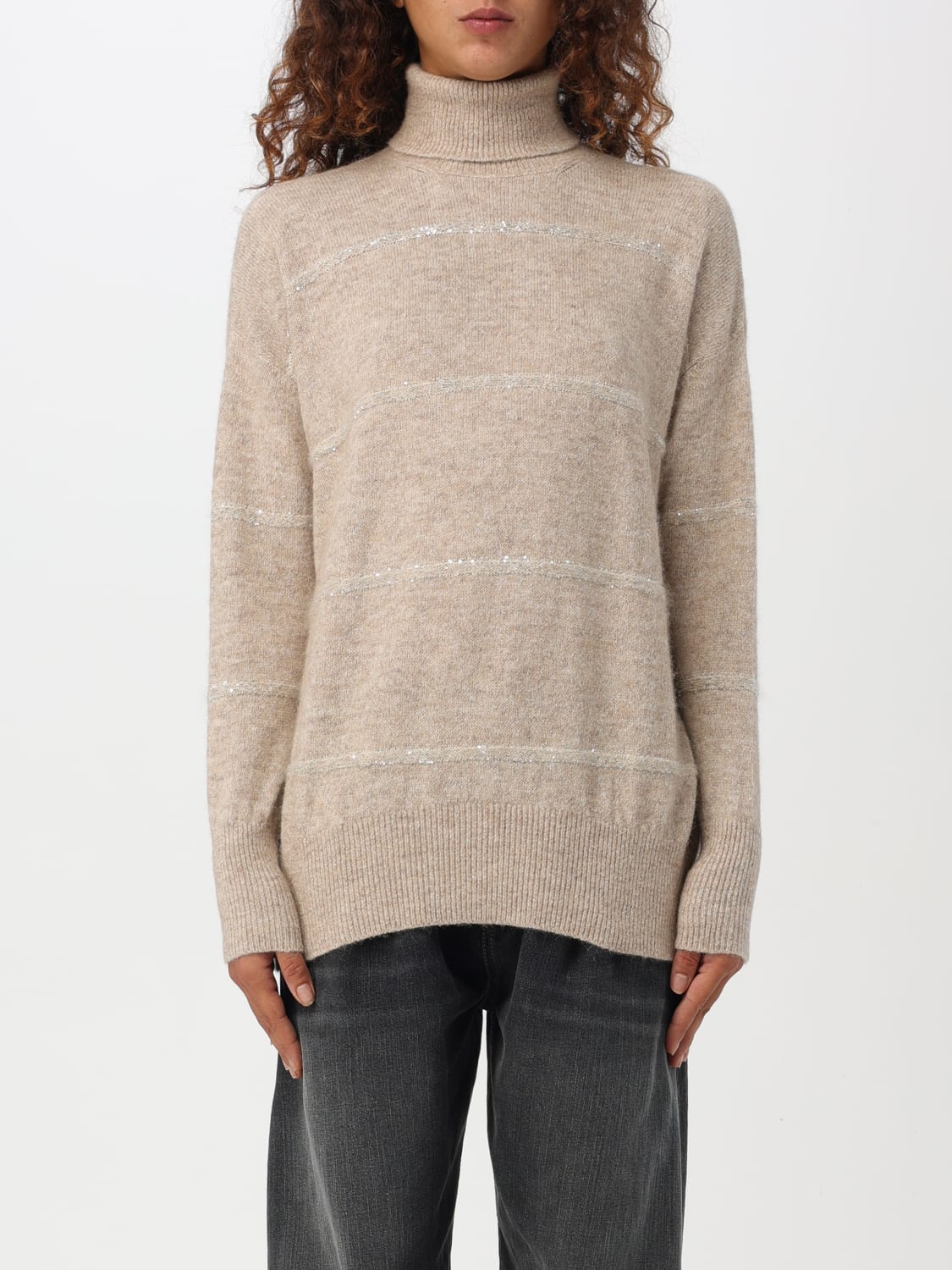 BRUNELLO CUCINELLI MAGLIA: Pullover Brunello Cucinelli in misto lana con monile nickel-free, Beige - Img 1