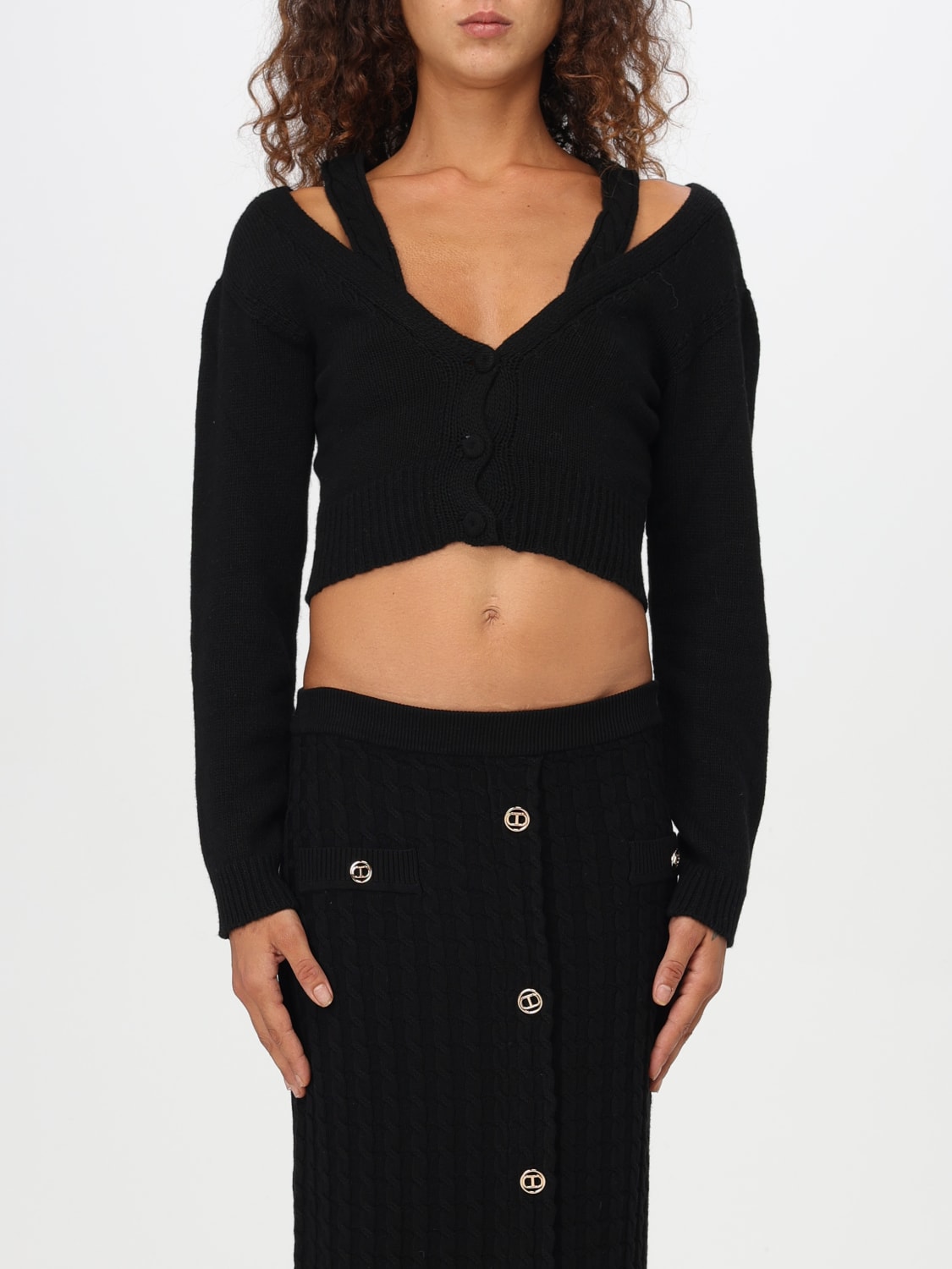 TWINSET MAGLIA: Maglia cropped Twinset in misto lana , Nero - Img 1