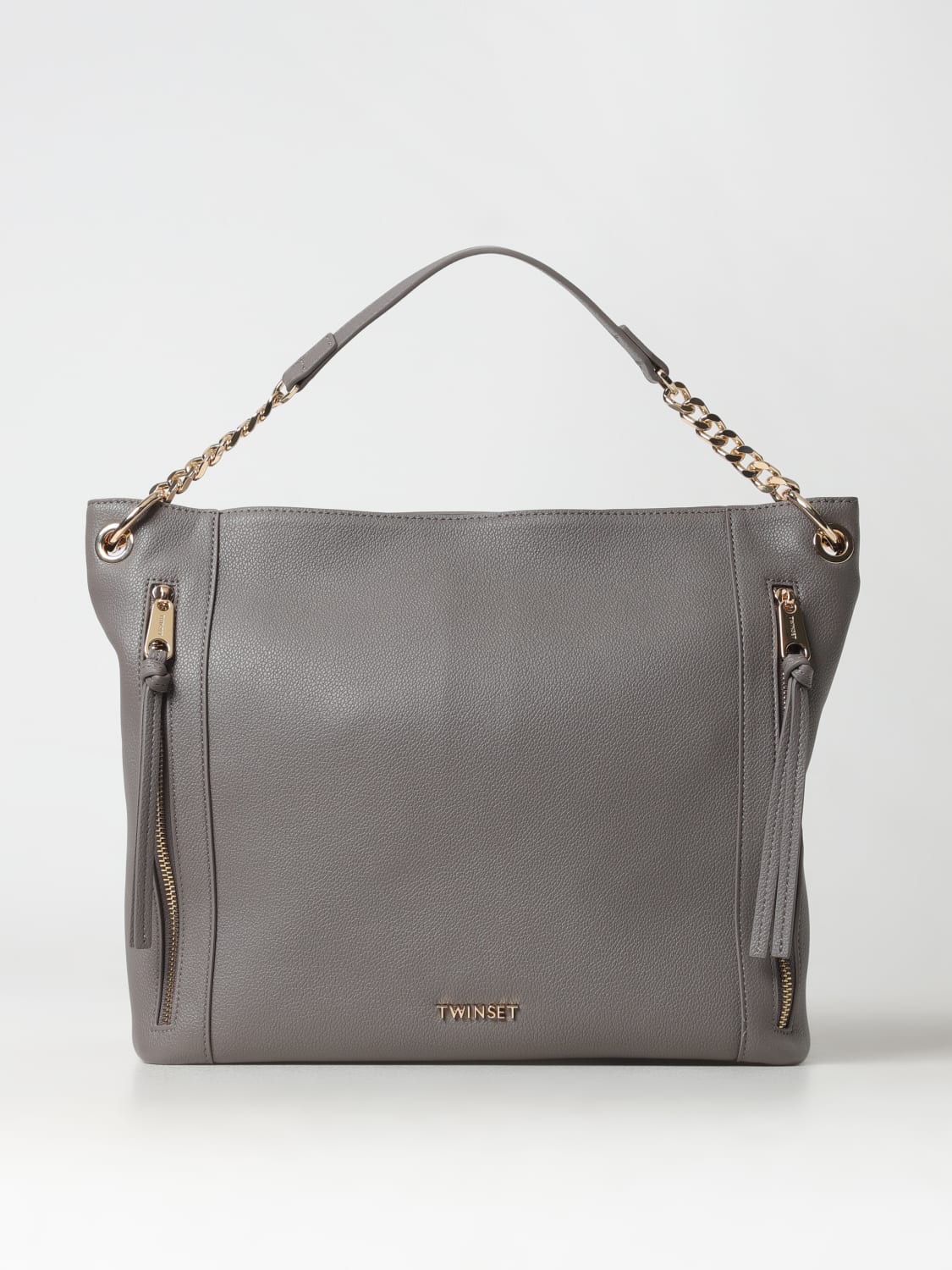 TWINSET BORSA A SPALLA: Borsa Superb Hobo Twinset in pelle sintetica a grana, Grigio - Img 1