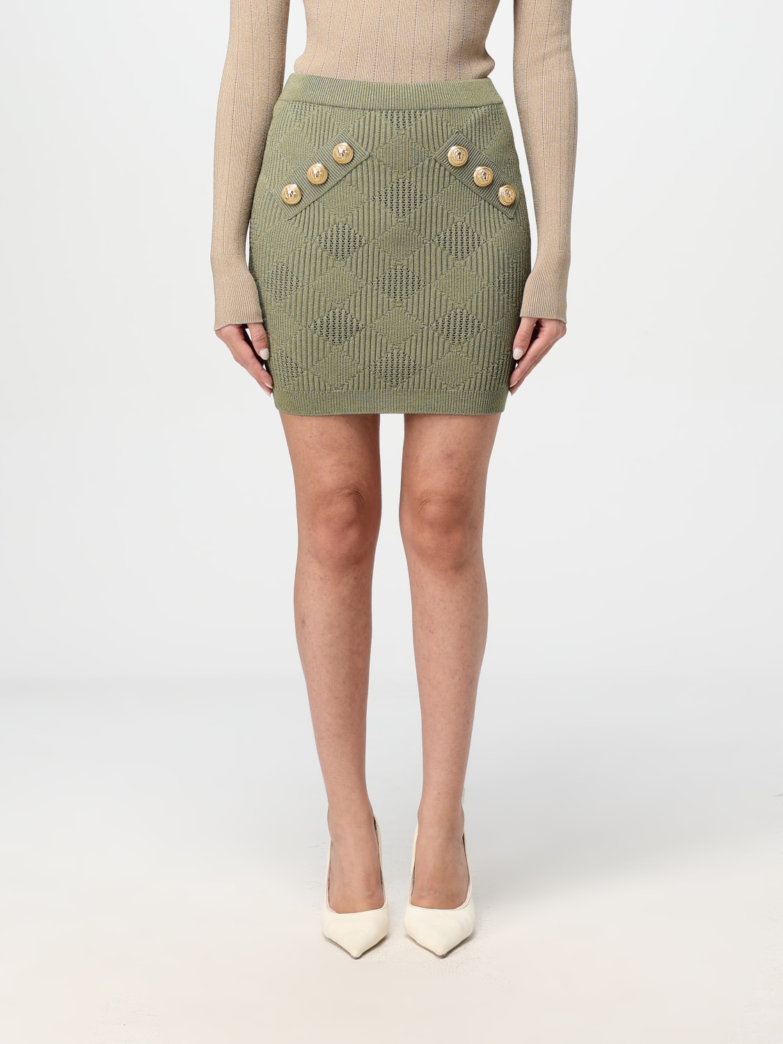 BALMAIN GONNA: Gonna mini Balmain in viscosa stretch , Verde - Img 1