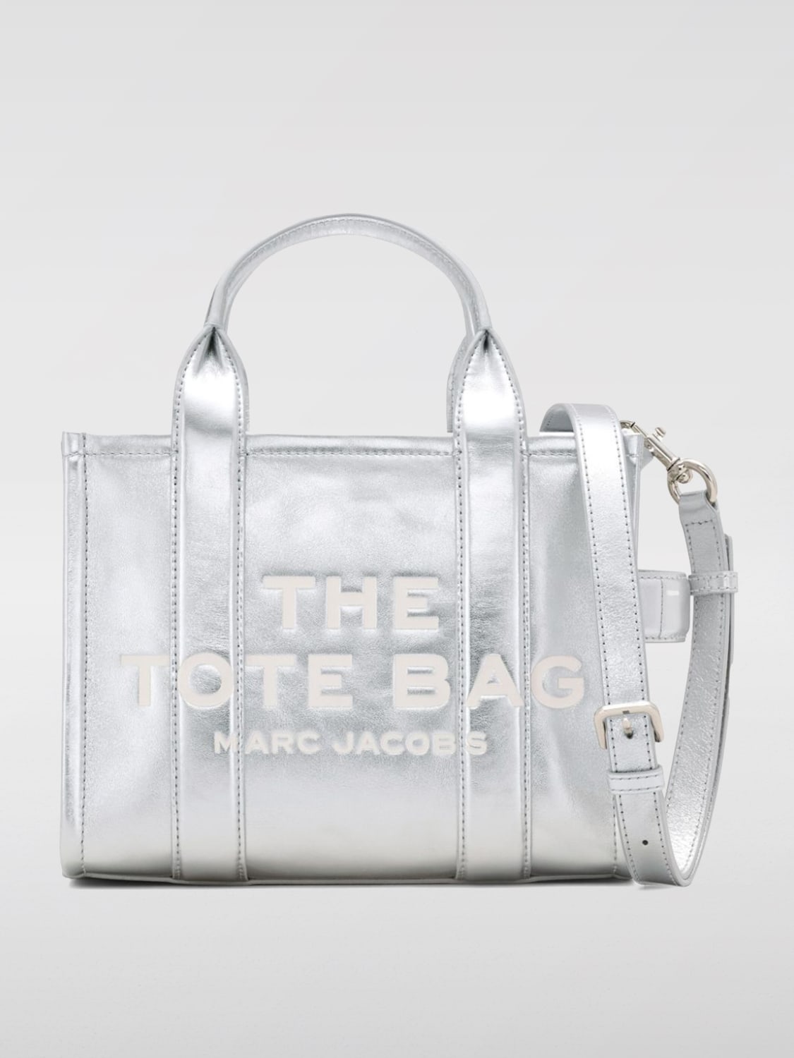 MARC JACOBS BORSA A MANO: Borsa The Metallic Small Tote Bag Marc Jacobs in pelle laminata , Silver - Img 1
