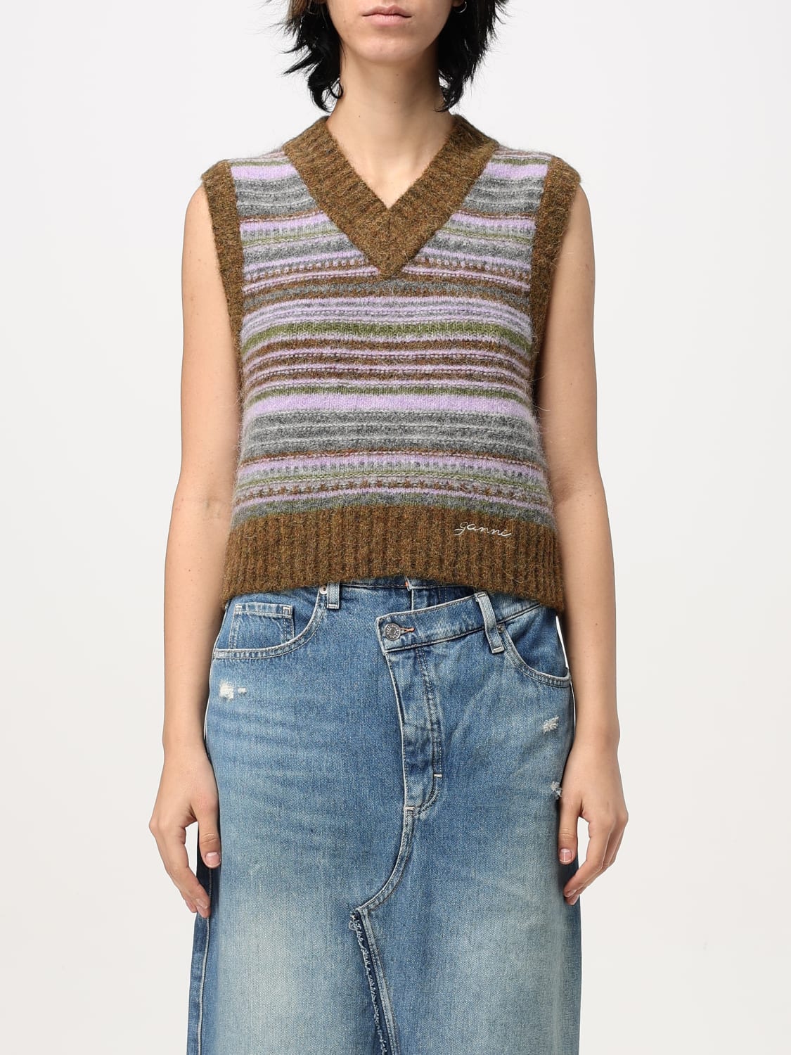 アウターその他 GANNI Woman Waistcoat Olive K2356 838 Soft Wool Stripe Vest