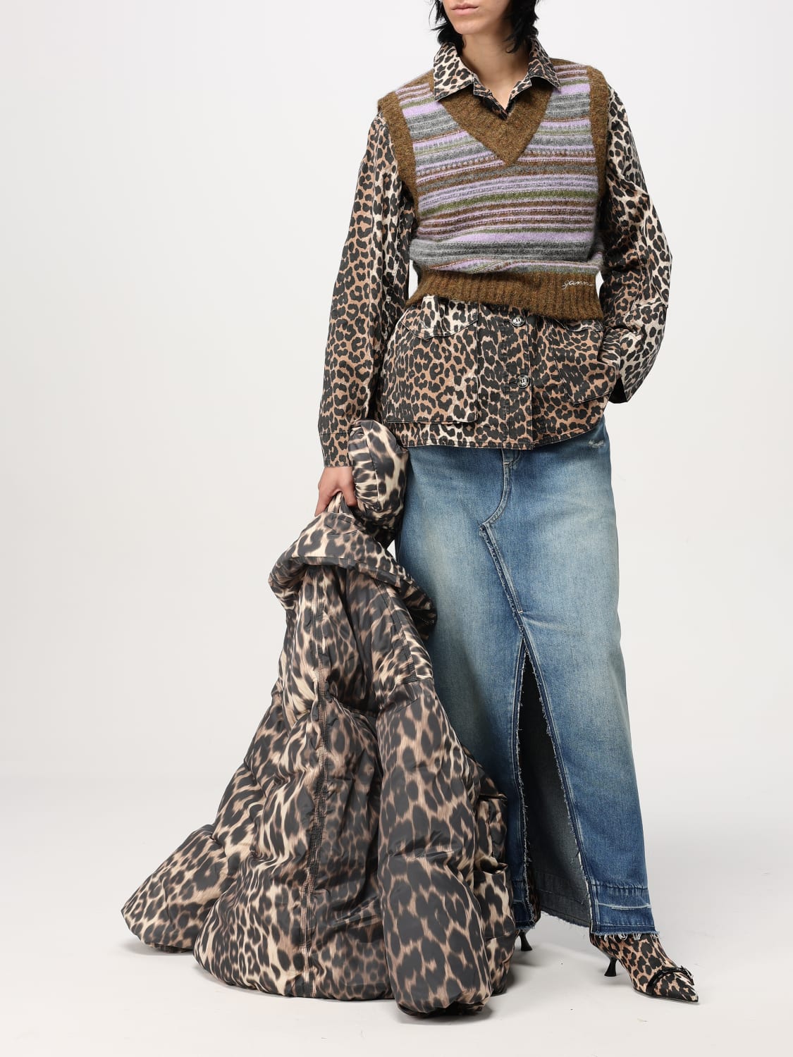 ジャケット GANNI Woman Jacket Milk W0115 859 Almond Milk Leopard Midi Puffer Jacket | GANNI US