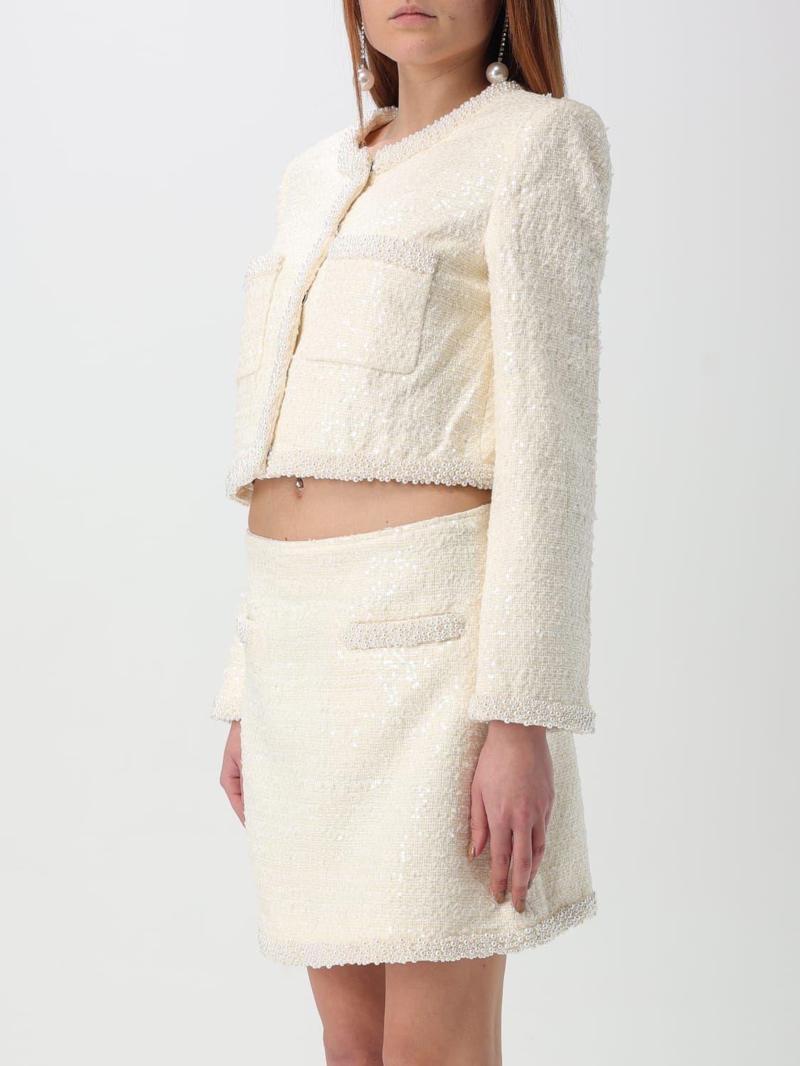 ジャケット SELF PORTRAIT Women Jackets 268J CREAM White Cream Boucle Pearl Trim Jacket – self-portrait-US