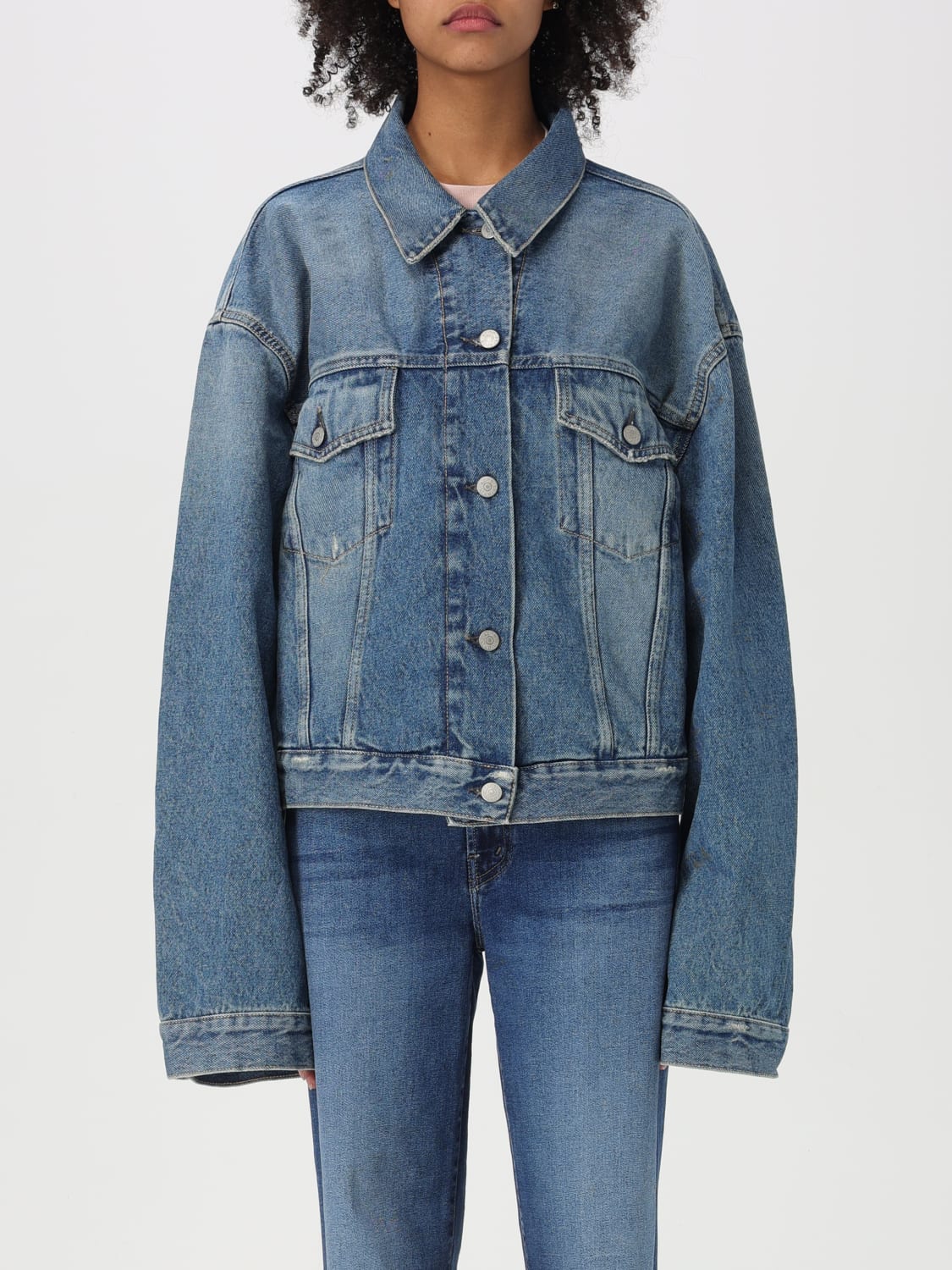 ジャケット ACNE STUDIOS Woman Jacket Blue A90640 AUZ Acne Studios - Collared Button-Up Denim Jacket in Mid Blue