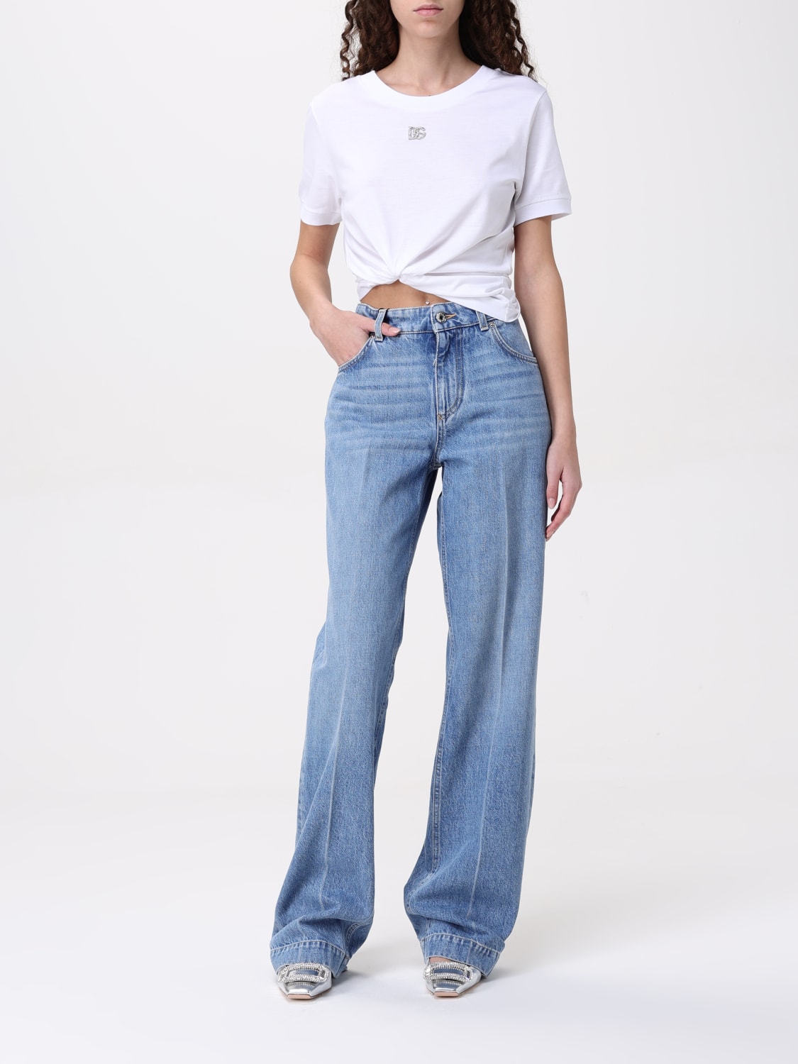 Tシャツ・カットソー DOLCE  GABBANA Women Tops F8N08ZG7B3U W0800 White Cotton T-shirt with Crystal DG logo in White for Women