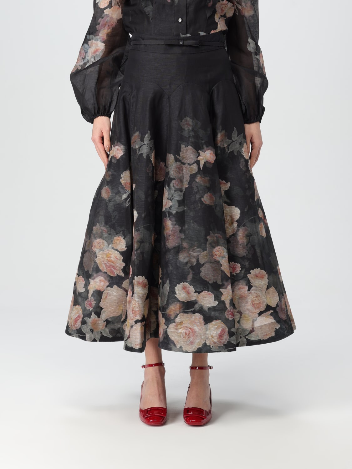ZIMMERMANN GONNA: Gonna Zimmermann in lino e seta con fantasia floreale , Nero - Img 1