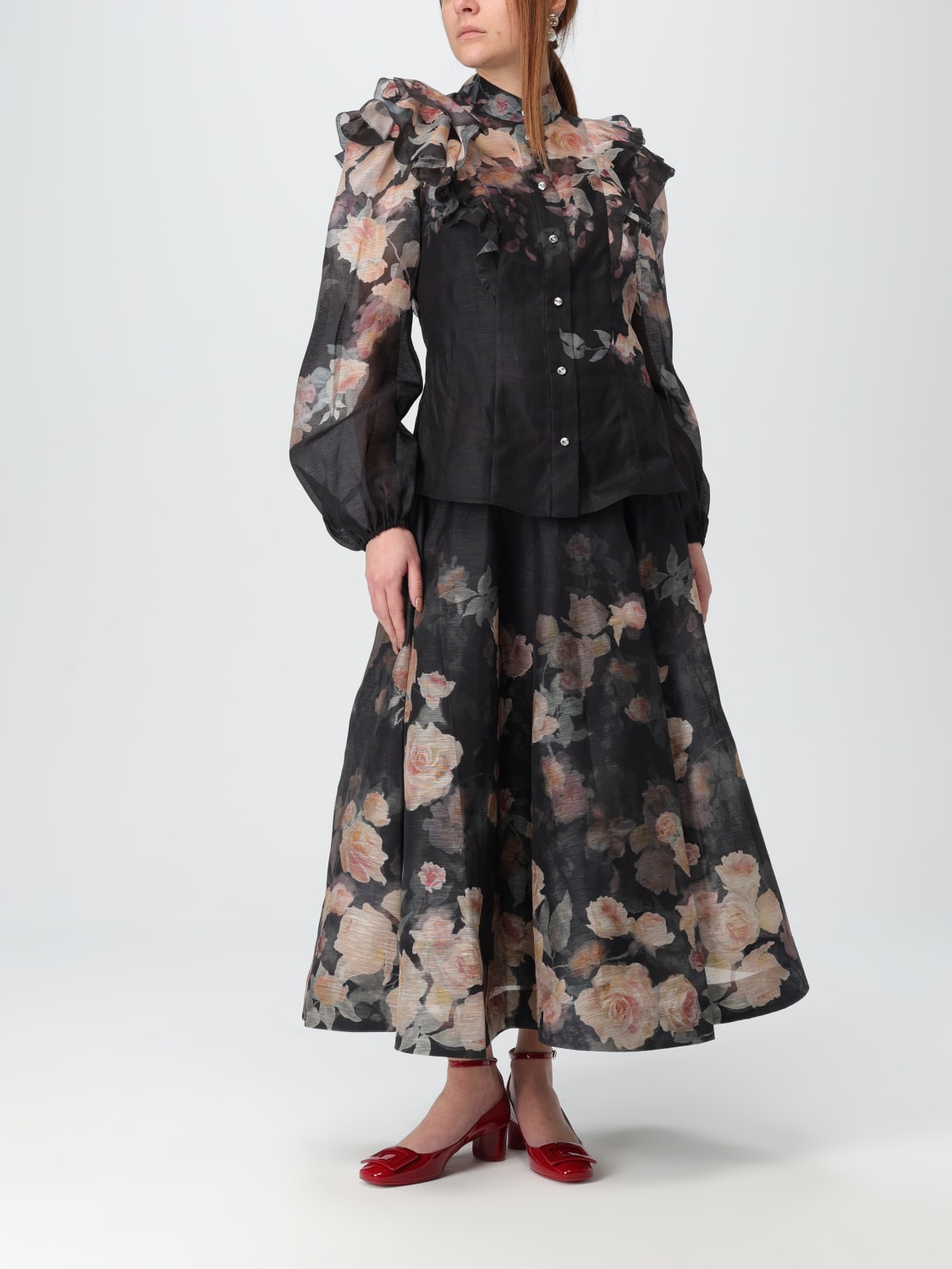 ZIMMERMANN GONNA: Gonna Zimmermann in lino e seta con fantasia floreale , Nero - Img 2