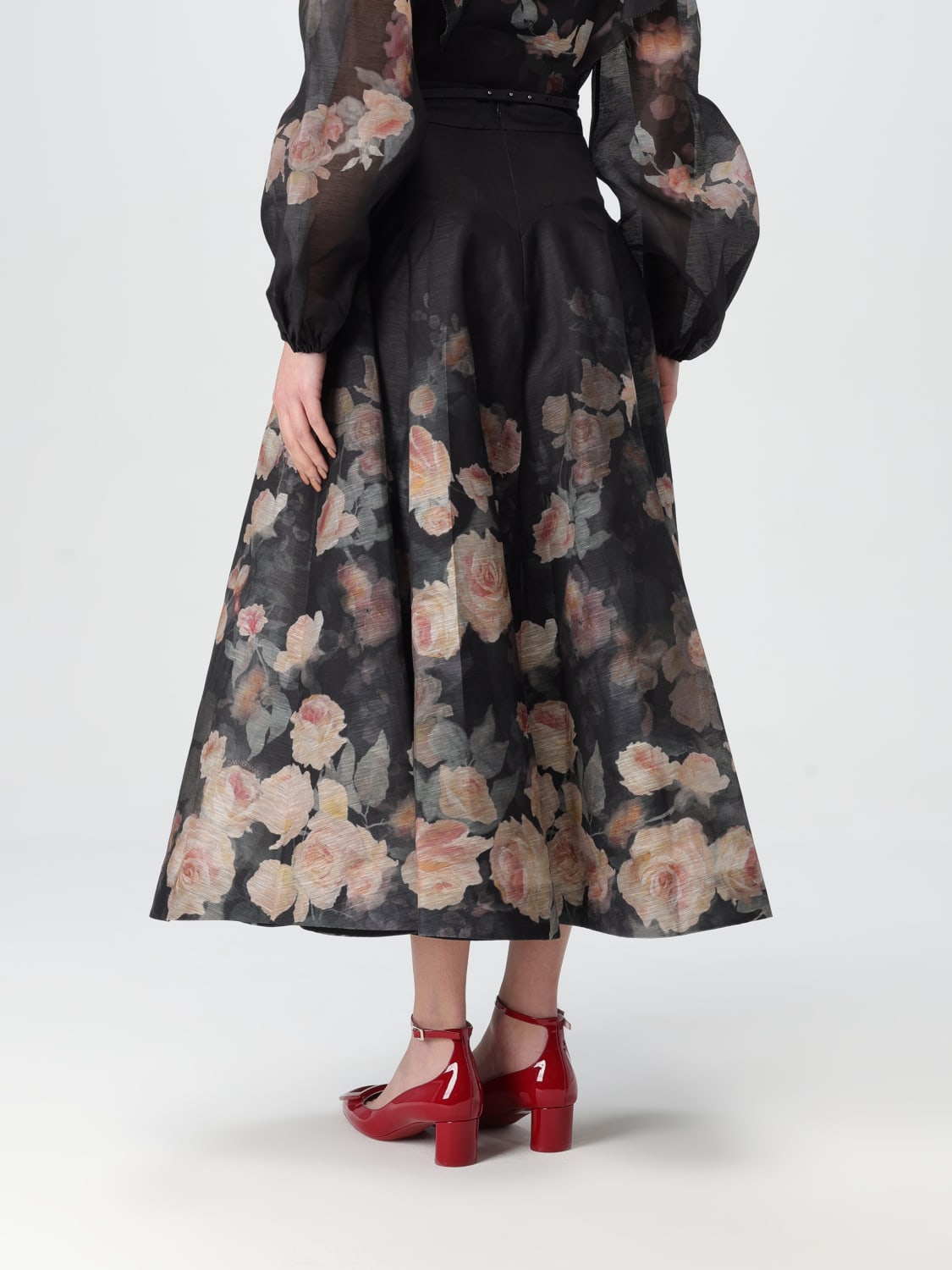 ZIMMERMANN GONNA: Gonna Zimmermann in lino e seta con fantasia floreale , Nero - Img 3