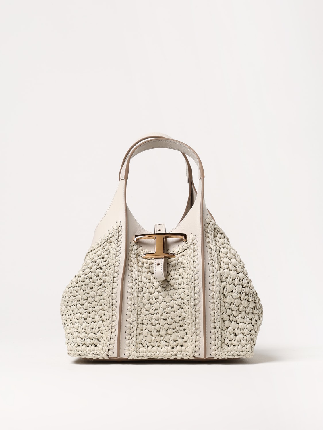 TOD'S: Borsa in pelle e rafia intrecciata - Bianco | Borsa A