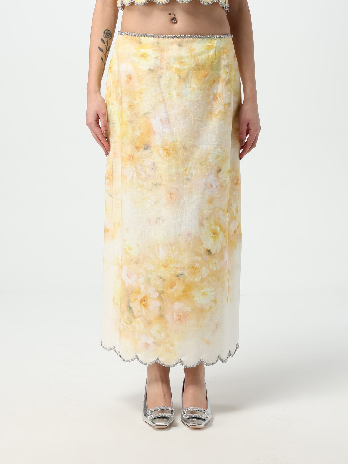ZIMMERMANN GONNA: Gonna Zimmermann in lino con stampa floreale , Giallo - Img 1