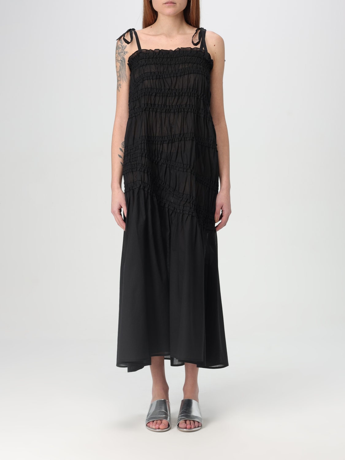 ワンピース TORY BURCH Woman Dress Black 164520 001 Shoulder Tie Smocked Cotton Dress: Women's Designer Dresses