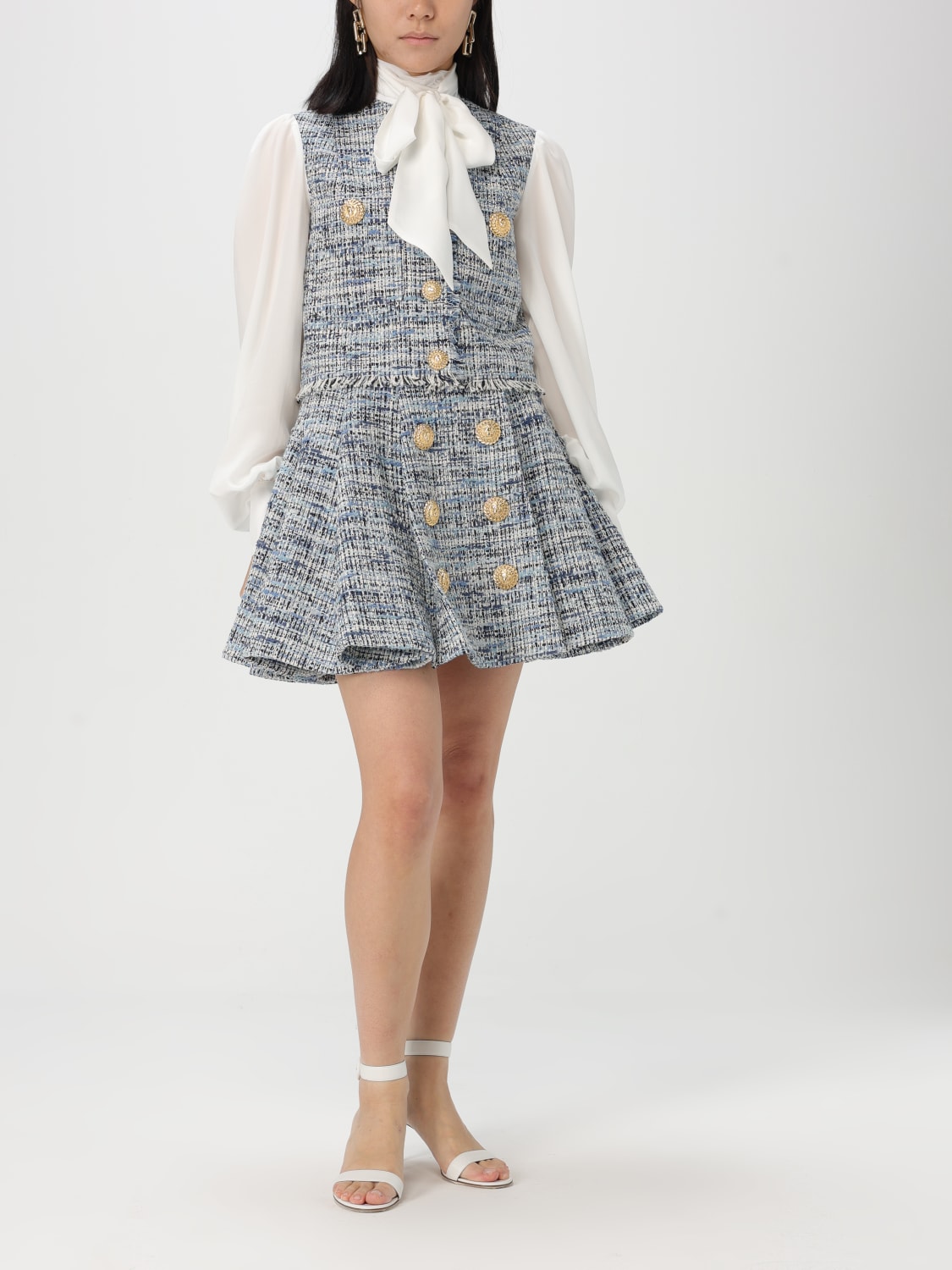 スカート BALMAIN Tweed skirt Blue EF1LBA53CF77 Pleated flared tweed skirt blue - Women | BALMAIN