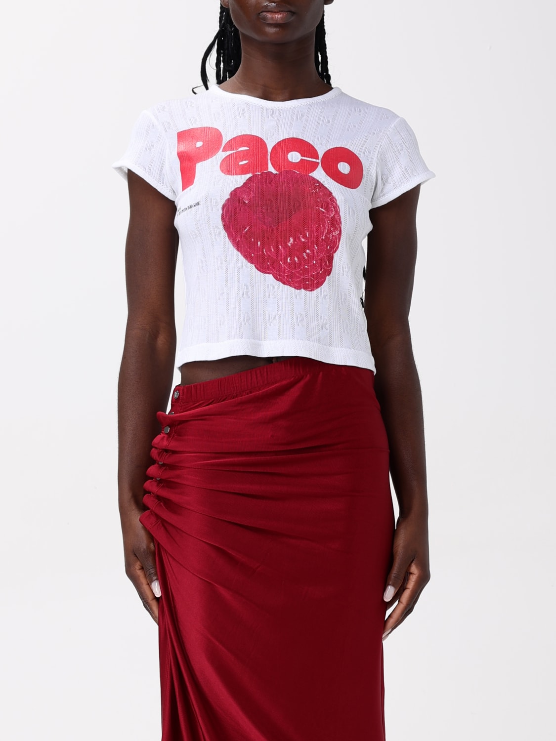 Tシャツ・カットソー RABANNE Woman T-Shirt White PJTE003C00557 P100 WHITE CROP TEE-SHIRT IN JERSEY POINTELLE | Rabanne