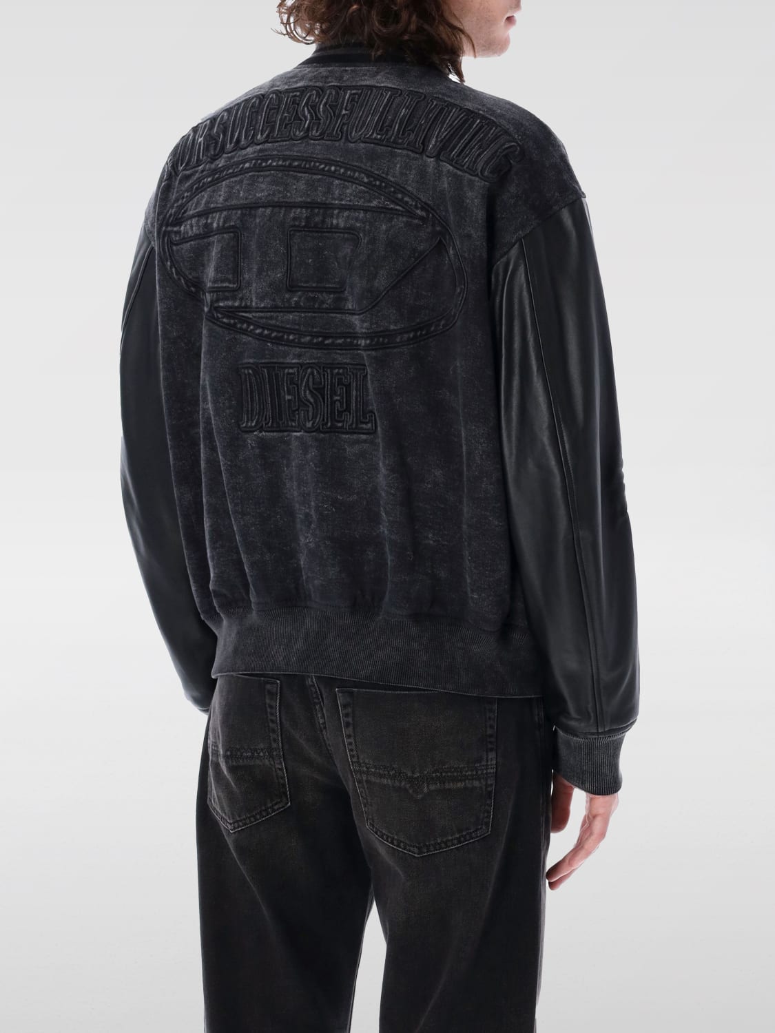 DIESEL GIACCA: Bomber Diesel in denim e pelle , Nero - Img 2