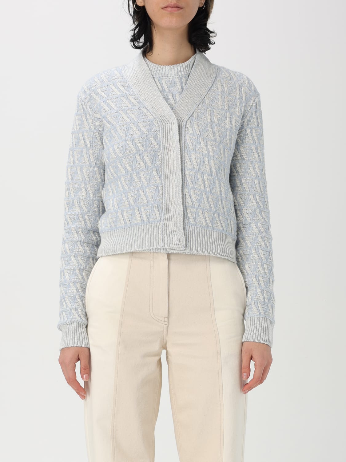 FENDI: Sweater woman Gnawed Blue Fendi cardigan FZE504ATPL