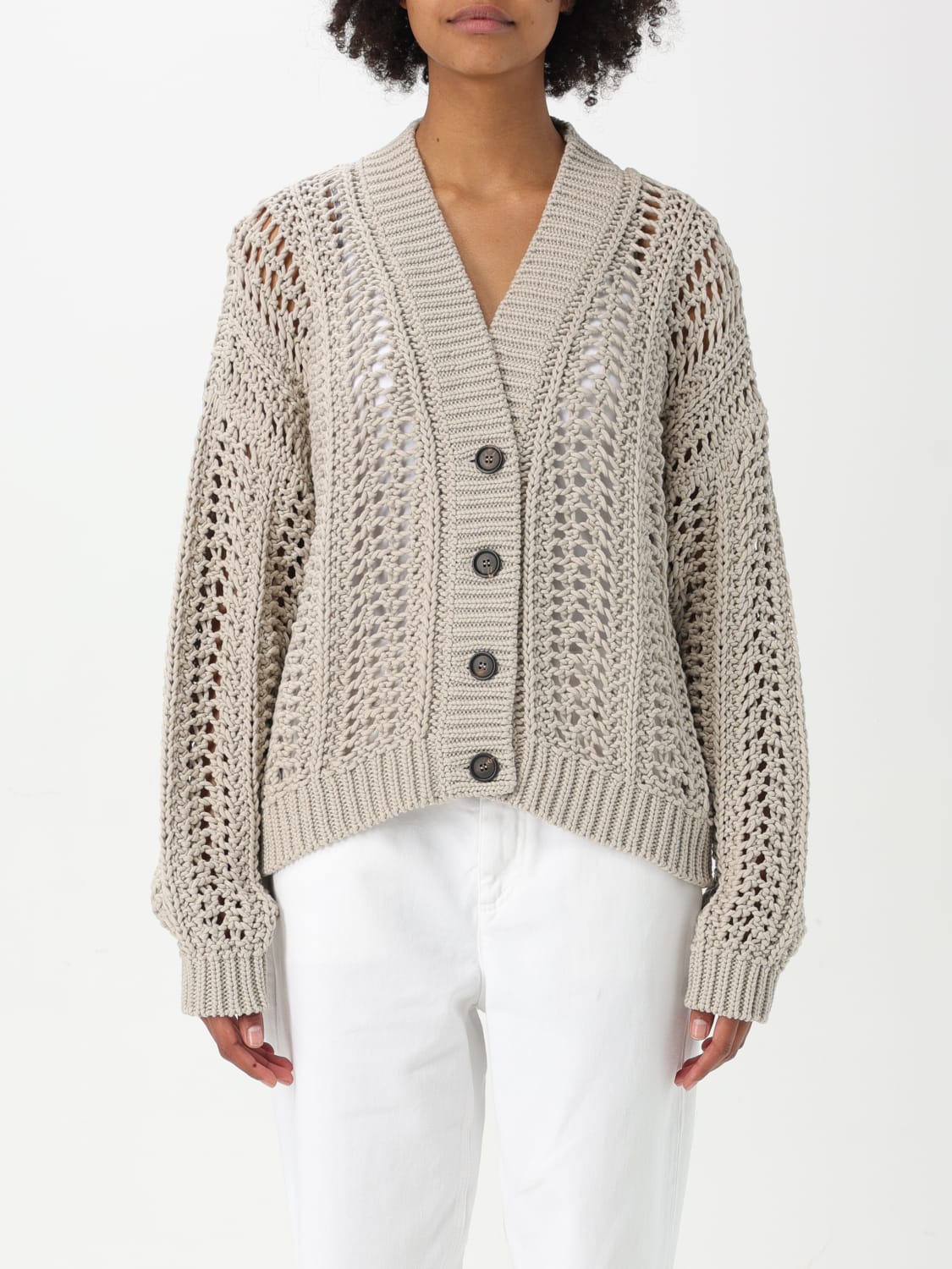 BRUNELLO CUCINELLI レースステッチ カーディガン Brunello Cucinelli Stripe Cotton-Jute Open Knit V-Neck