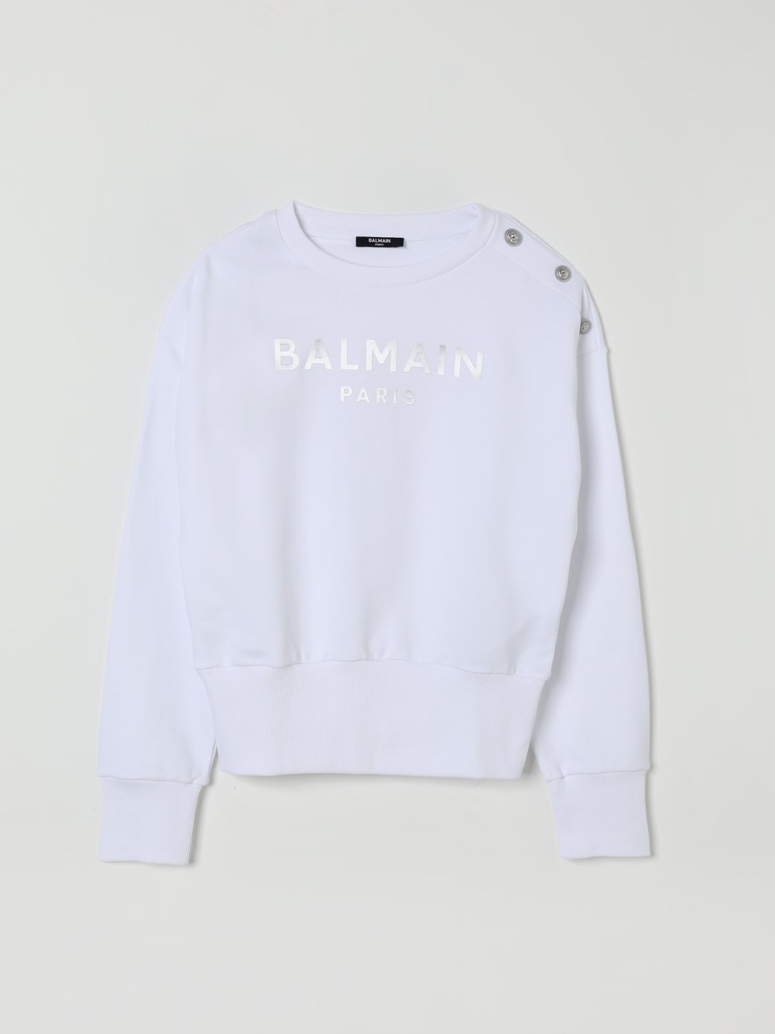 BALMAIN MAGLIA: Felpa a girocollo in cotone con logo Balmain, Bianco - Img 1