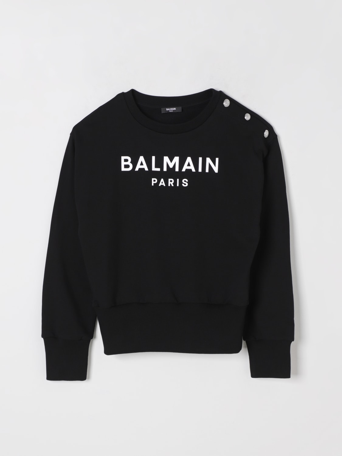 BALMAIN MAGLIA: Felpa a girocollo in cotone con logo Balmain, Nero - Img 1