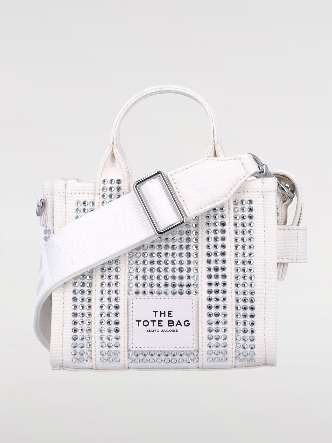 MARC JACOBS BORSA MINI: Borsa The Tote Bag Crystal Marc Jacobs in canvas con strass all over , Bianco - Img 1