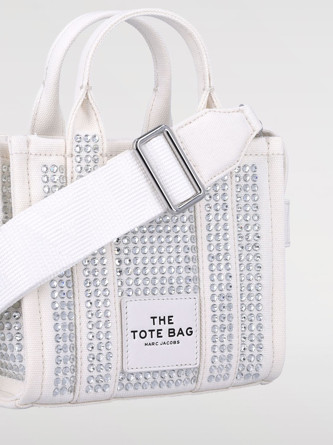 MARC JACOBS BORSA MINI: Borsa The Tote Bag Crystal Marc Jacobs in canvas con strass all over , Bianco - Img 3