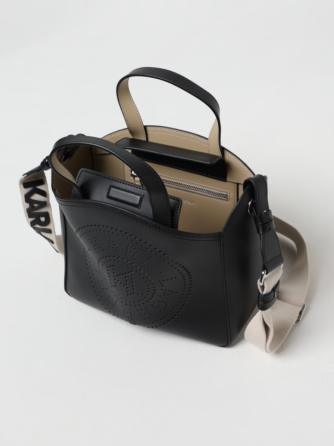 KARL LAGERFELD BORSA A MANO: Borsa Karl Lagerfeld in pelle con logo traforato , Nero - Img 3