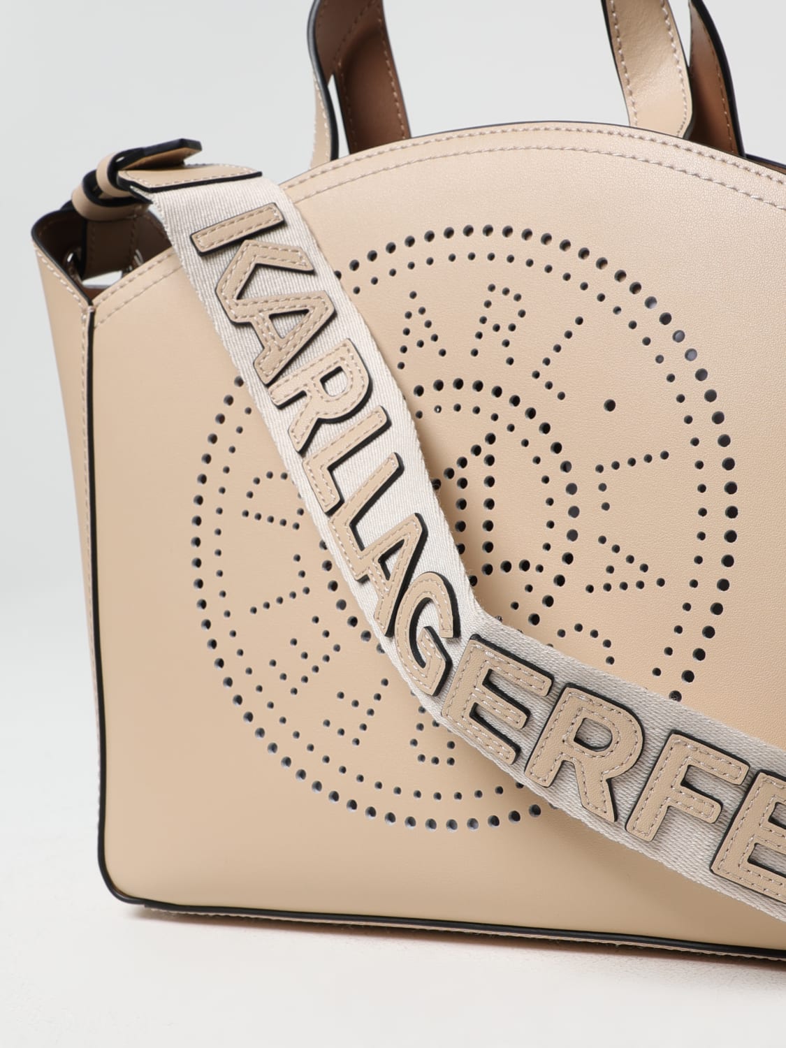 KARL LAGERFELD BORSA A MANO: Borsa Karl Lagerfeld in pelle con logo traforato , Beige - Img 3