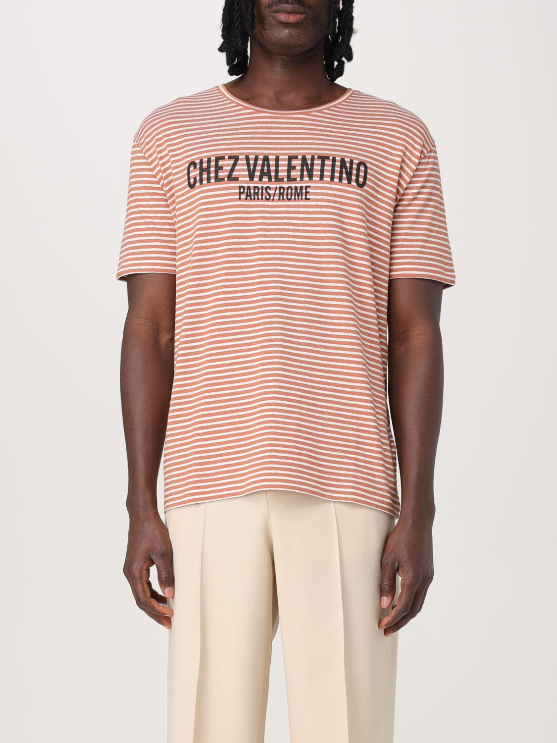 VALENTINO｜ (6V0MG16S APY RGY / 6V3MG16S APY RGY) VALENTINO | Striped Cotton Linen Chez Valentino T-Shirt