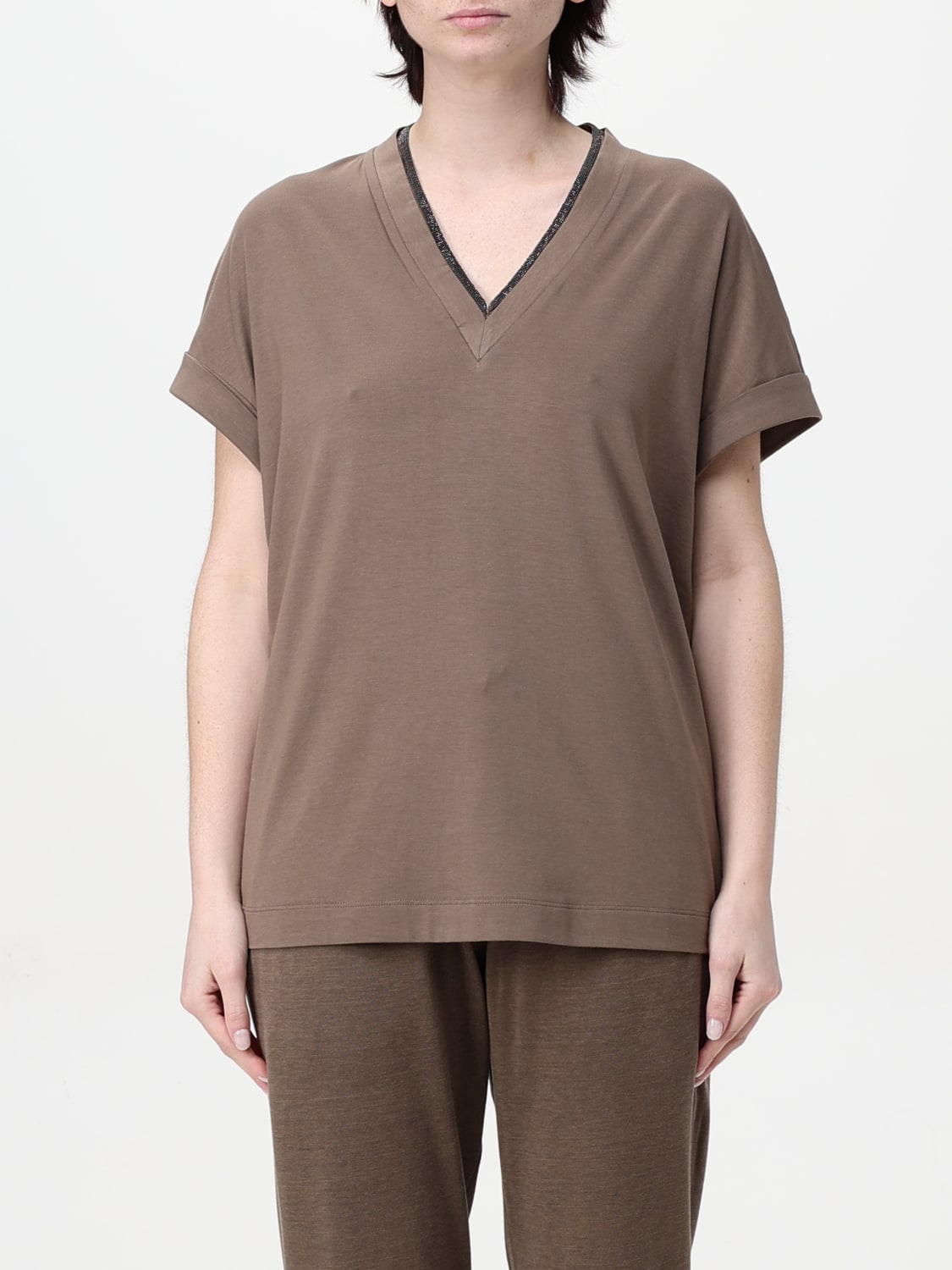 BRUNELLO CUCINELLI T-SHIRTS: T-shirt a v in cotone Brunello Cucinelli, Cacao - Img 1