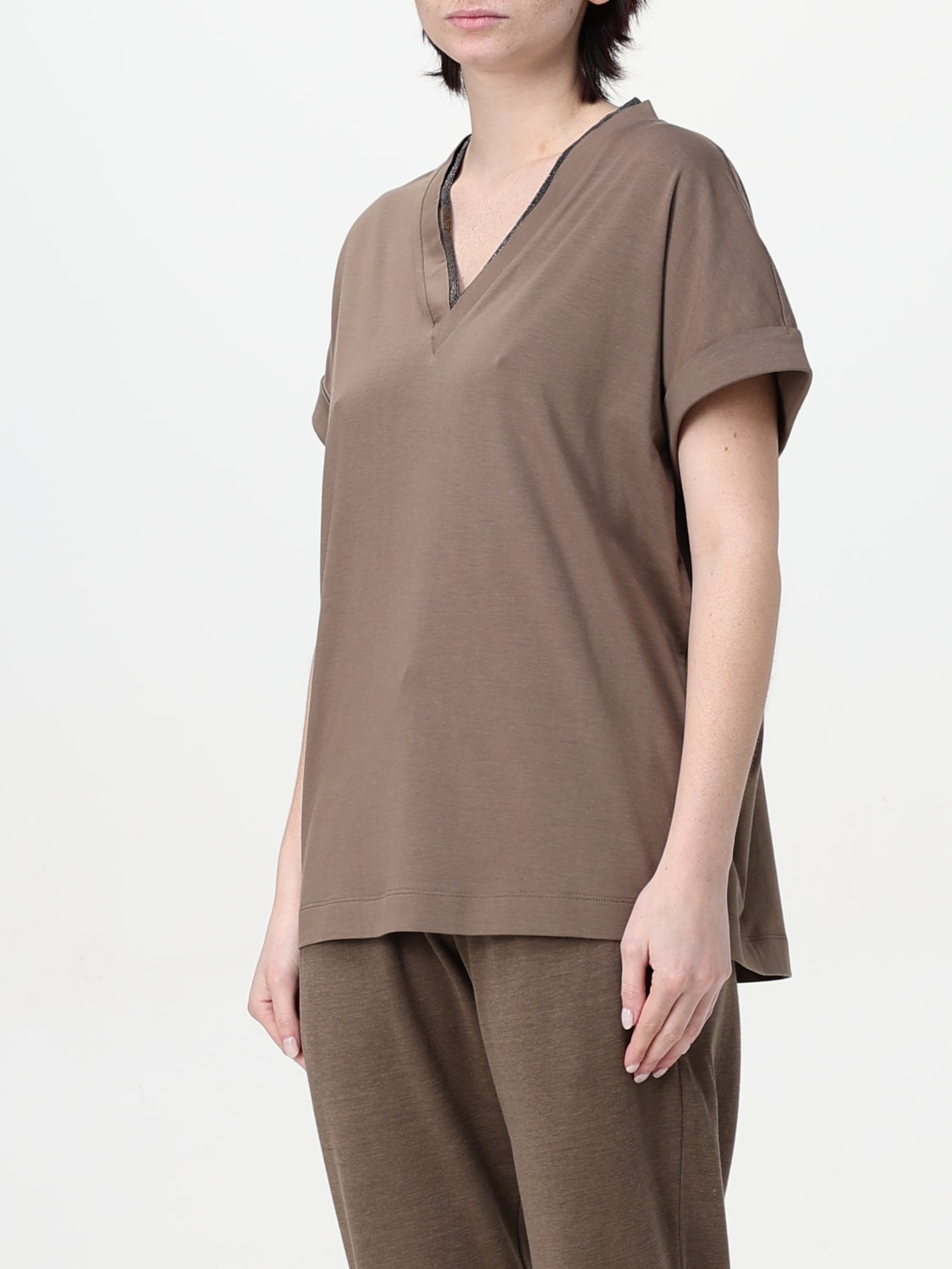 BRUNELLO CUCINELLI T-SHIRTS: T-shirt a v in cotone Brunello Cucinelli, Cacao - Img 4