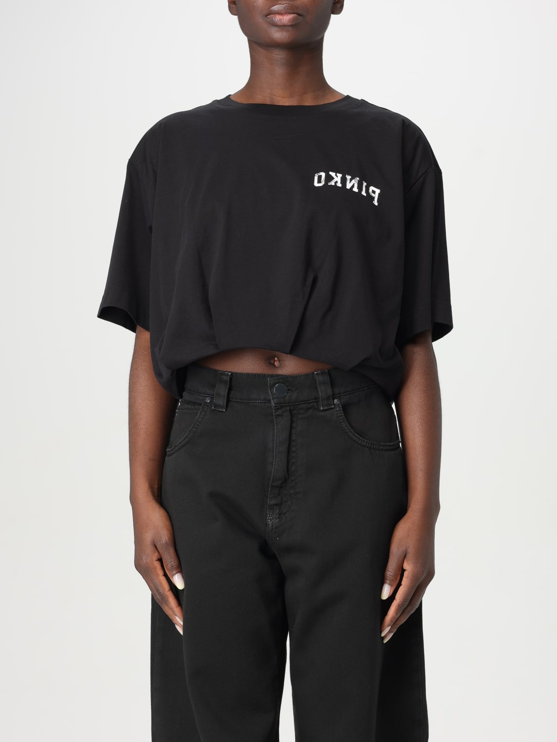 PINKO T-SHIRT: T-shirt crop con logo Pinko, Nero - Img 1