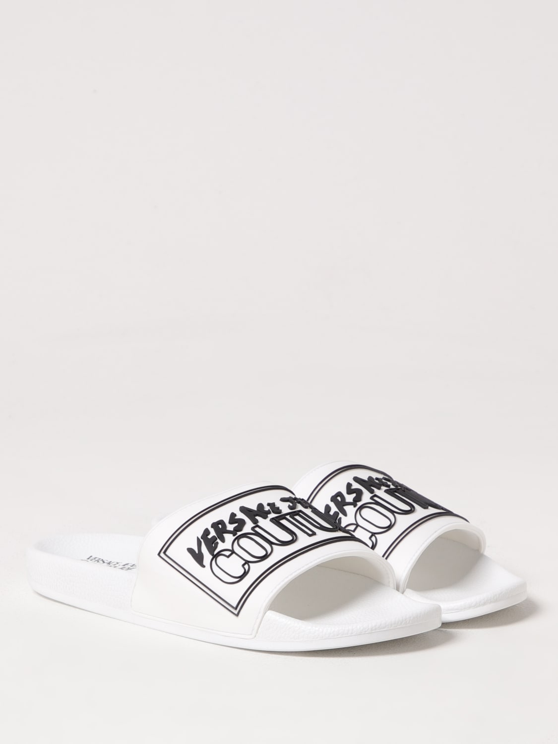 VERSACE｜SLIPPERS (Logo Sliders (78YA3SQ3 ZSC22 003)) NWT VERSACE JEANS COUTURE WHITE SLIDE SANDALS WITH GROFFATO