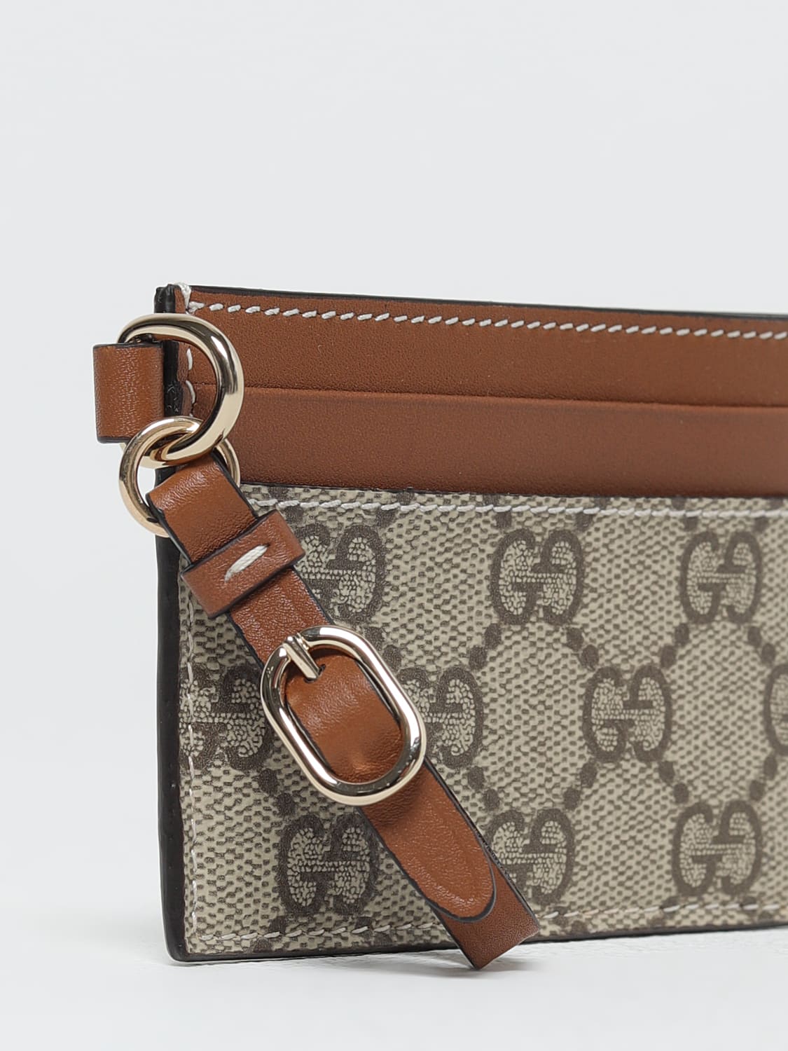 GUCCI PORTACHIAVI: Portacarte di credito Gucci in cotone spalmato e pelle , Marrone - Img 3
