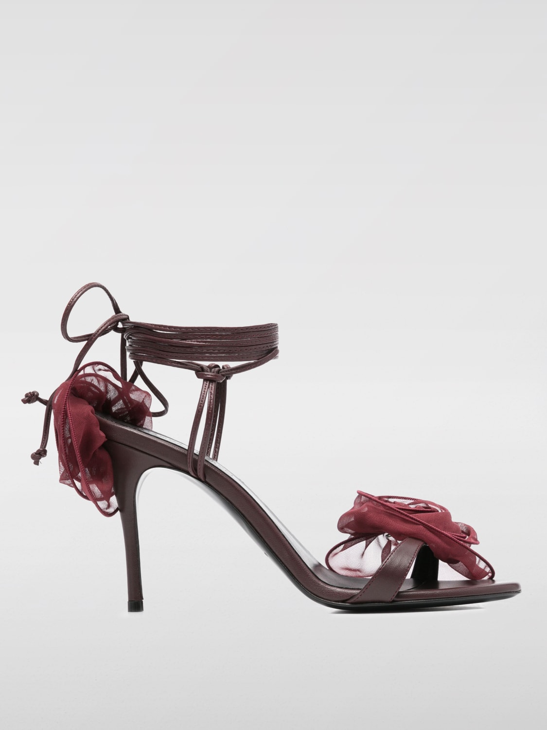 MAGDA BUTRYM SANDALI CON TACCO: Sandalo Magda Butrym in nappa con rose di tulle applicate , Bordeaux - Img 1