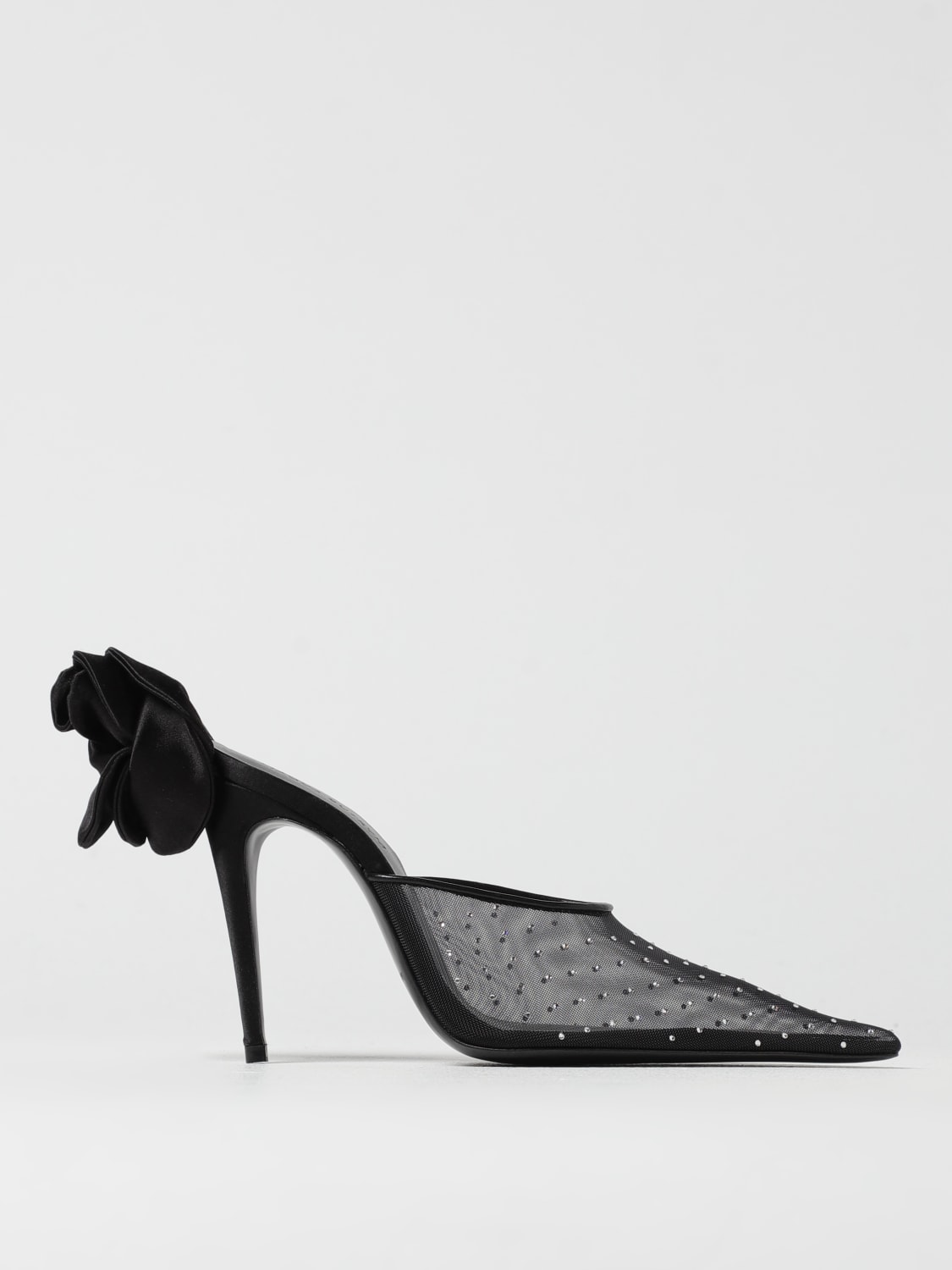 MAGDA BUTRYM SCARPE: Mules Magda Butrym in nylon a rete con cristalli e fiore , Nero - Img 1