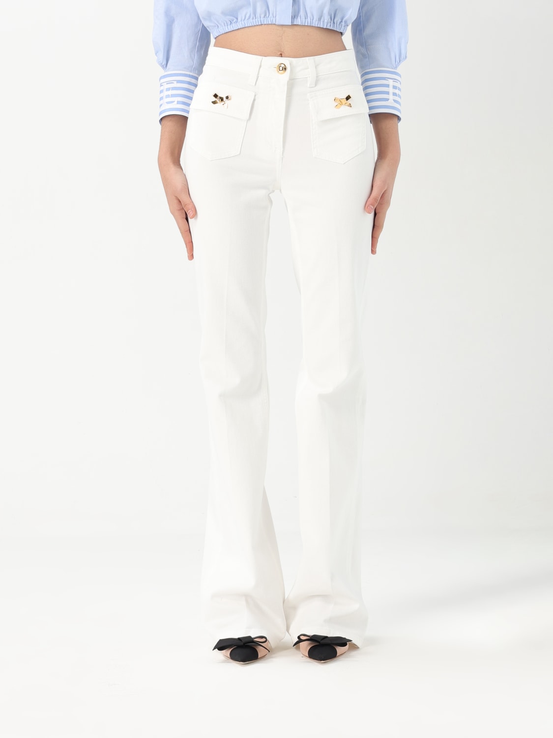 ELISABETTA FRANCHI: Jeans in denim con bottoni - Bianco